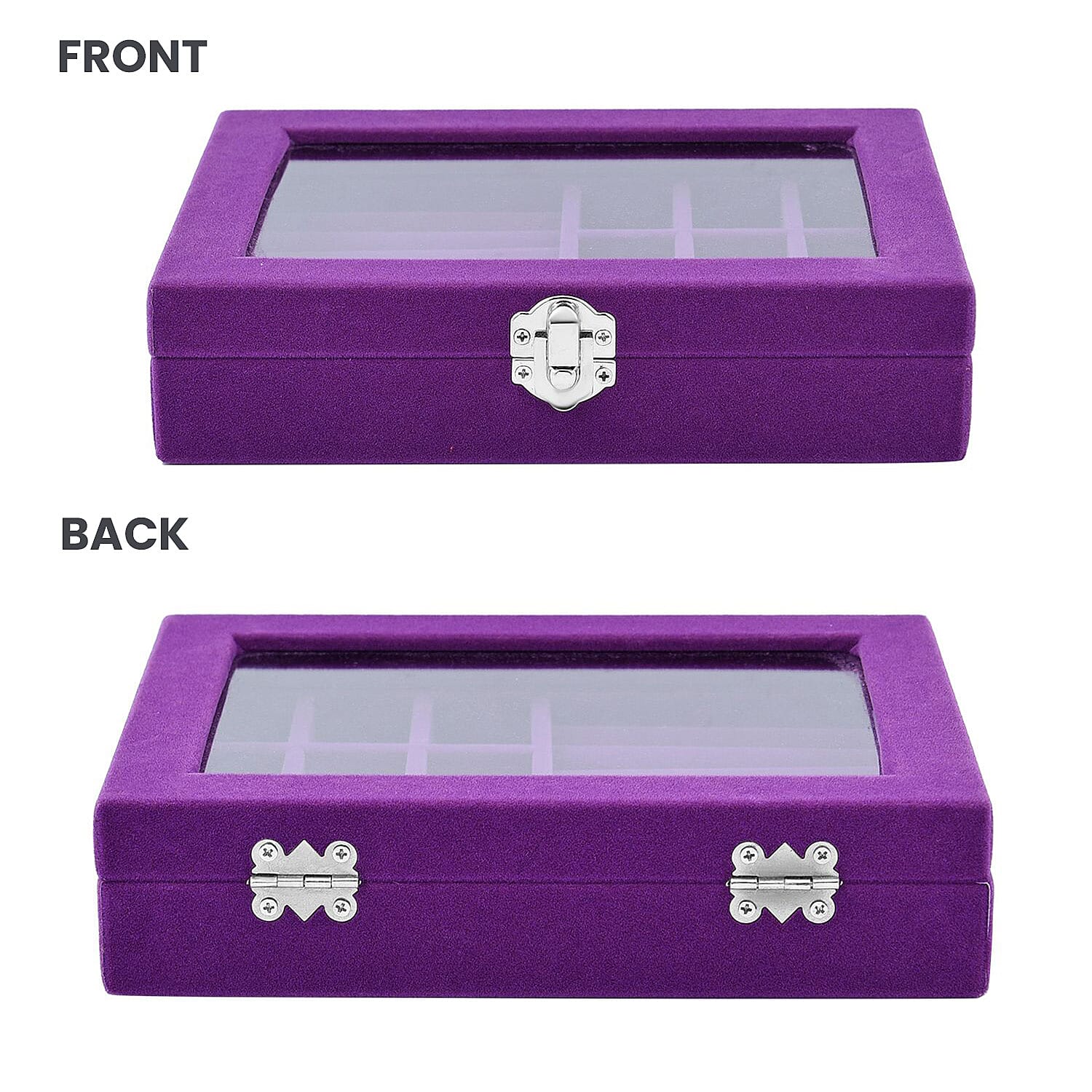 Velvet Jewellery Box- Ring - 9 Sections Box, Glass Window with Steel Colour Lock (Size20x15x4 Cm) - Purple