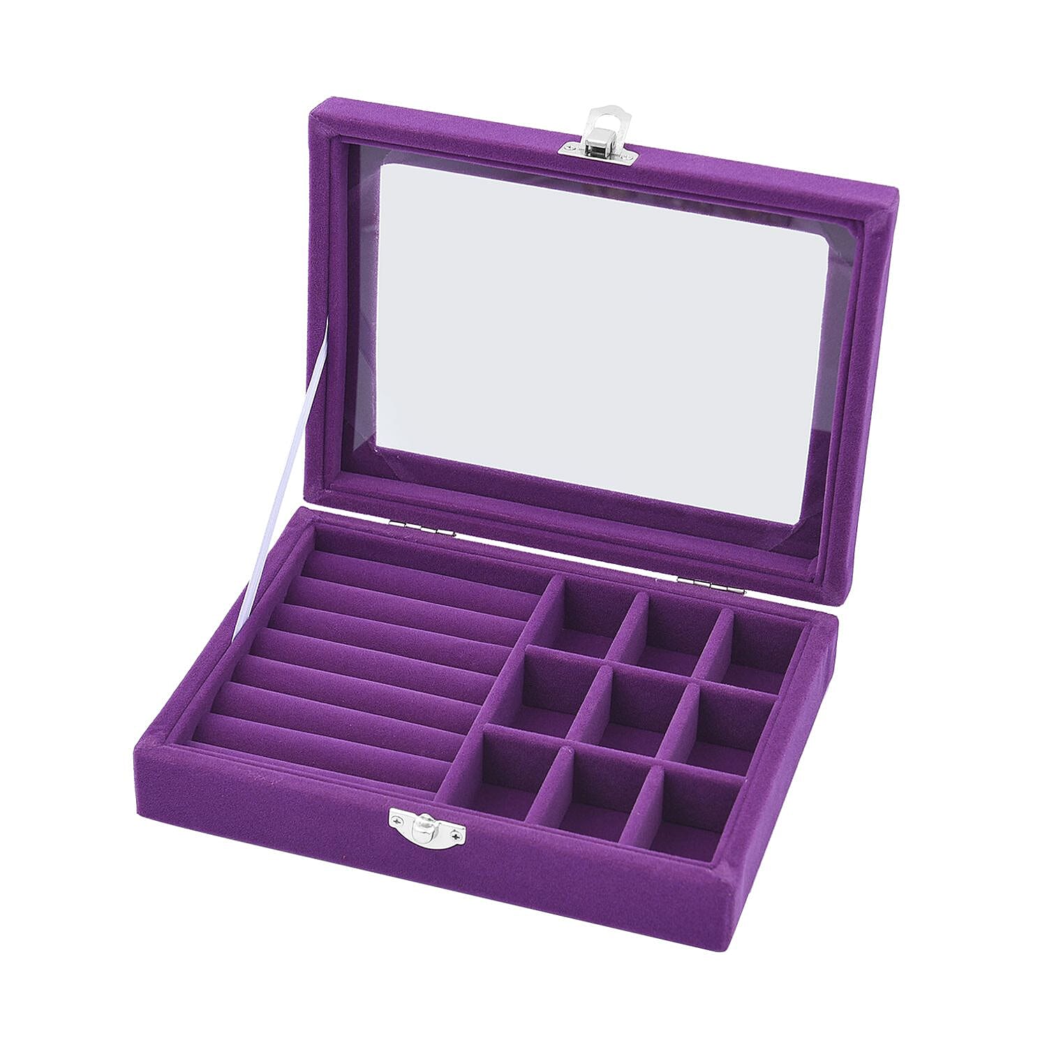 Velvet Jewellery Box- Ring - 9 Sections Box, Glass Window with Steel Colour Lock (Size20x15x4 Cm) - Purple