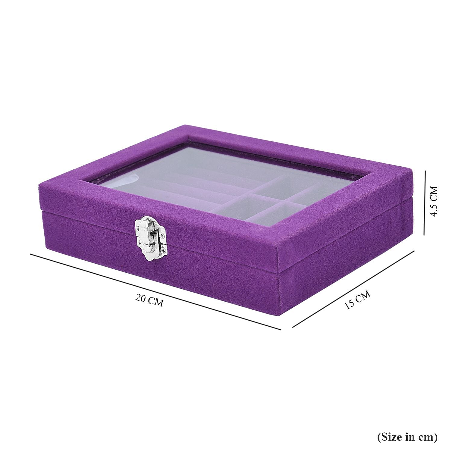 Velvet Jewellery Box- Ring - 9 Sections Box, Glass Window with Steel Colour Lock (Size20x15x4 Cm) - Purple
