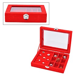 Velvet Jewellery Box: Ring + 9 Sections Box, Glass Window with Steel Colour Lock  - Red