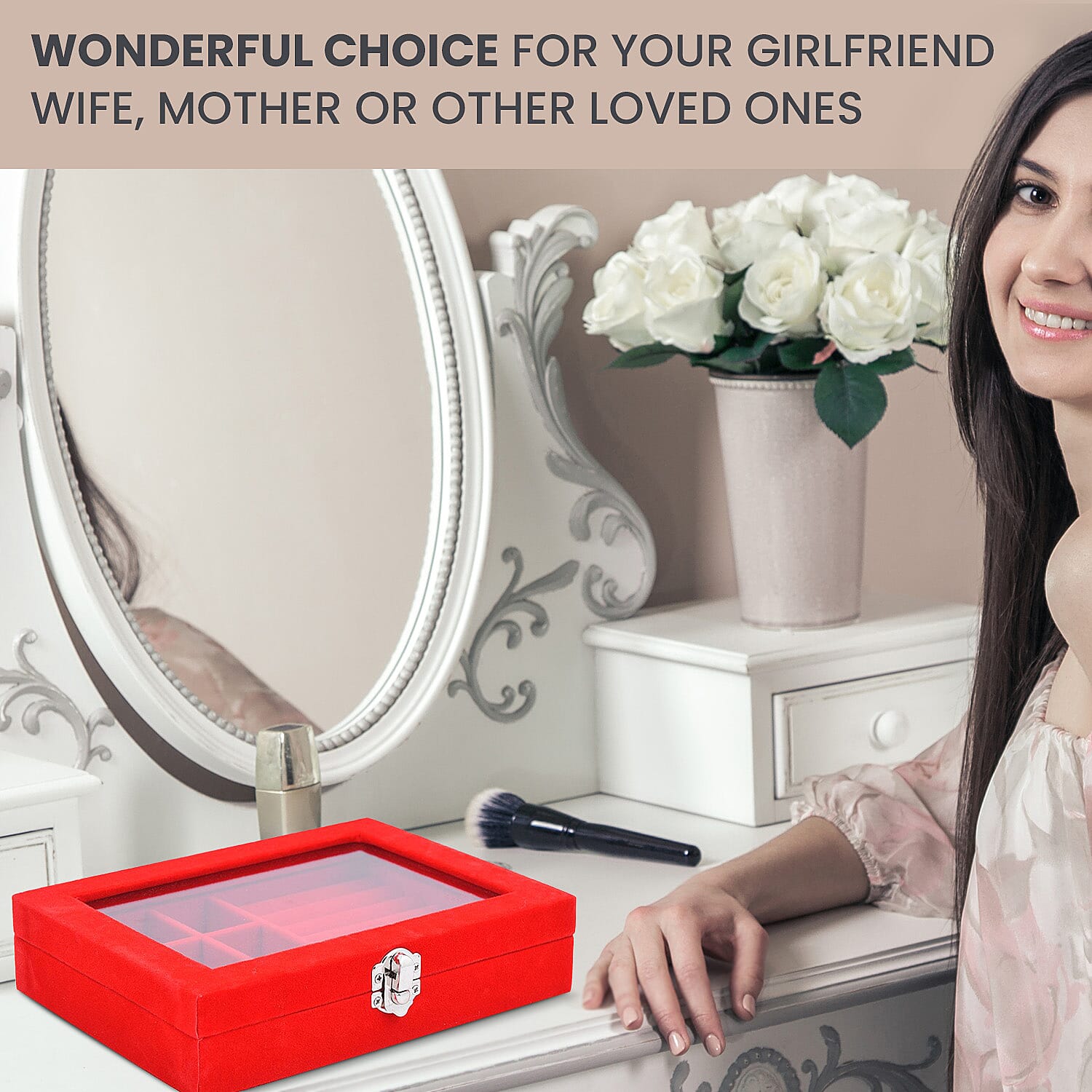 Velvet Jewellery Box- Ring - 9 Sections Box, Glass Window with Steel Colour Lock (Size20x15x4 Cm) - Red