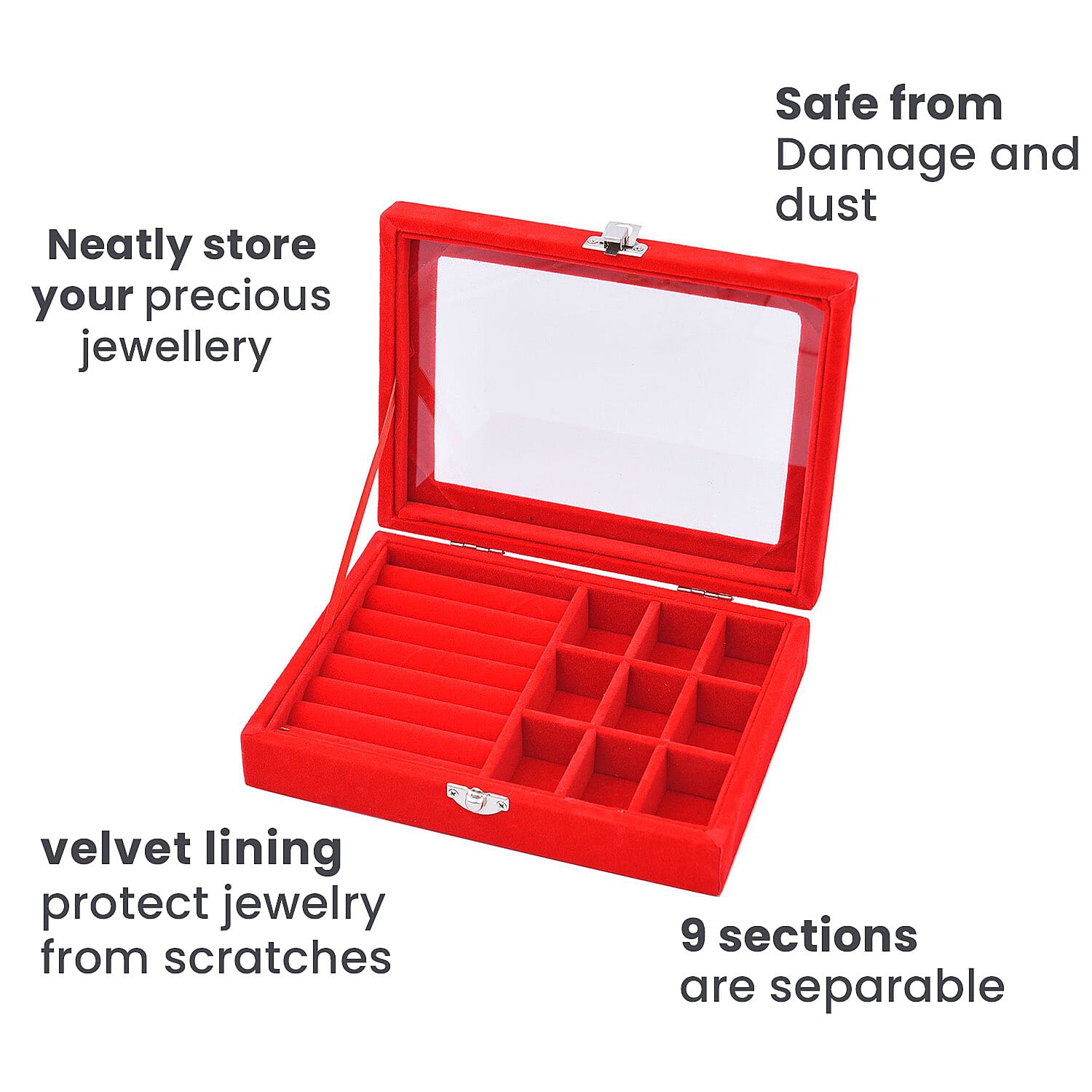 Velvet Jewellery Box- Ring - 9 Sections Box, Glass Window with Steel Colour Lock (Size20x15x4 Cm) - Red