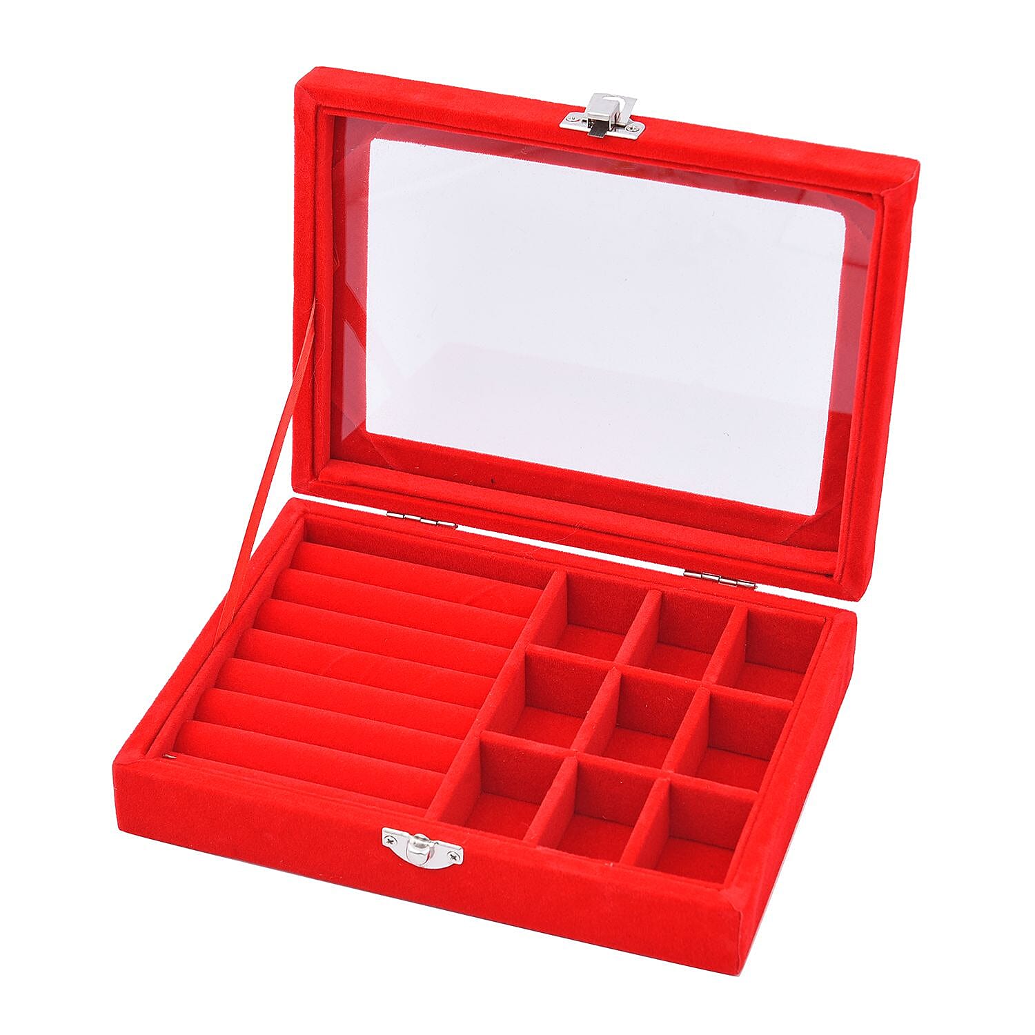 Velvet Jewellery Box- Ring - 9 Sections Box, Glass Window with Steel Colour Lock (Size20x15x4 Cm) - Red