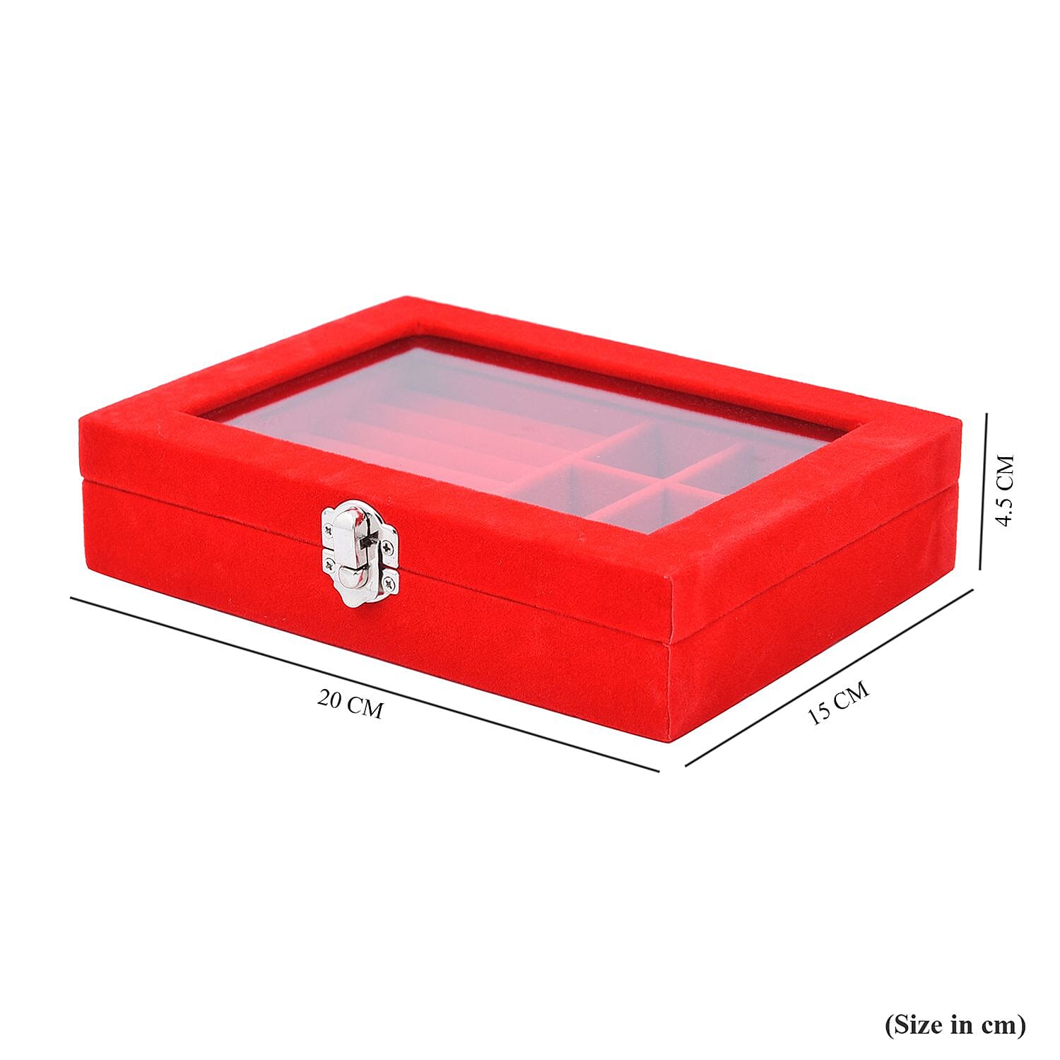 Velvet Jewellery Box- Ring - 9 Sections Box, Glass Window with Steel Colour Lock (Size20x15x4 Cm) - Red