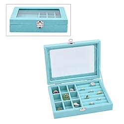 Velvet Jewellery Box: Ring + 9 Sections Box, Glass Window with Steel Colour Lock  - Sky Blue