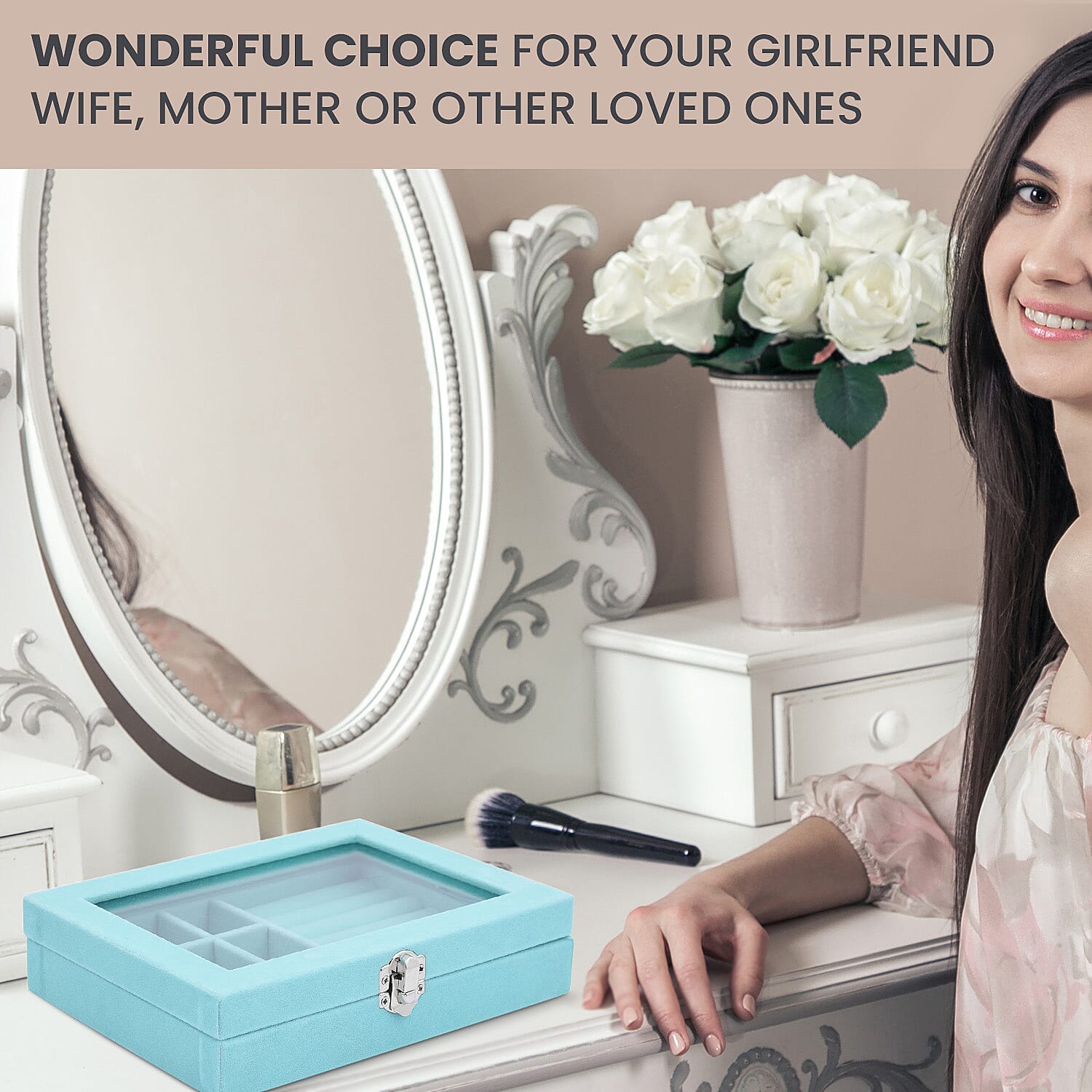 Velvet Jewellery Box- Ring - 9 Sections Box, Glass Window with Steel Colour Lock (Size 20x15x4 cm) - Sky Blue