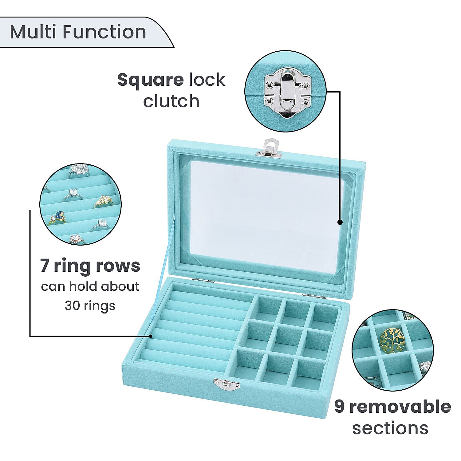 Velvet Jewellery Box- Ring - 9 Sections Box, Glass Window with Steel Colour Lock (Size 20x15x4 cm) - Sky Blue