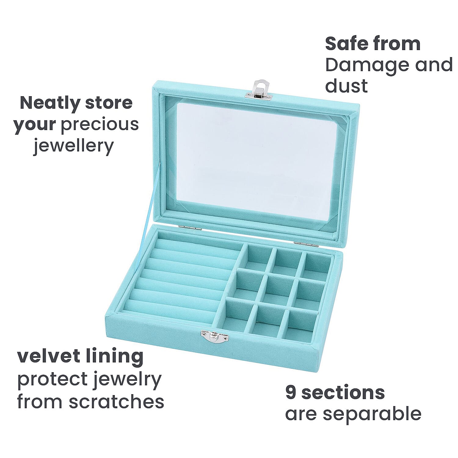 Velvet Jewellery Box- Ring - 9 Sections Box, Glass Window with Steel Colour Lock (Size 20x15x4 cm) - Sky Blue