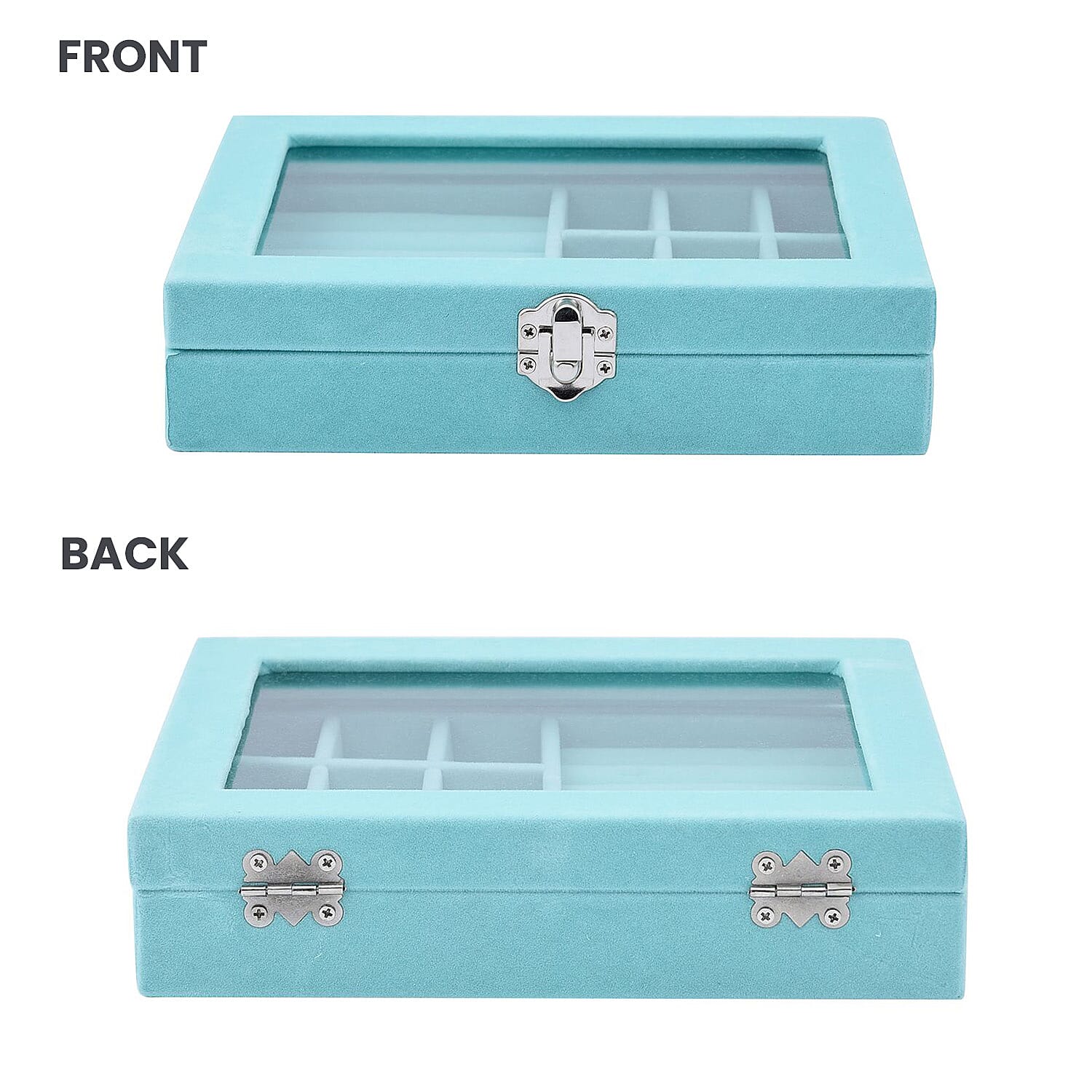 Velvet Jewellery Box- Ring - 9 Sections Box, Glass Window with Steel Colour Lock (Size 20x15x4 cm) - Sky Blue