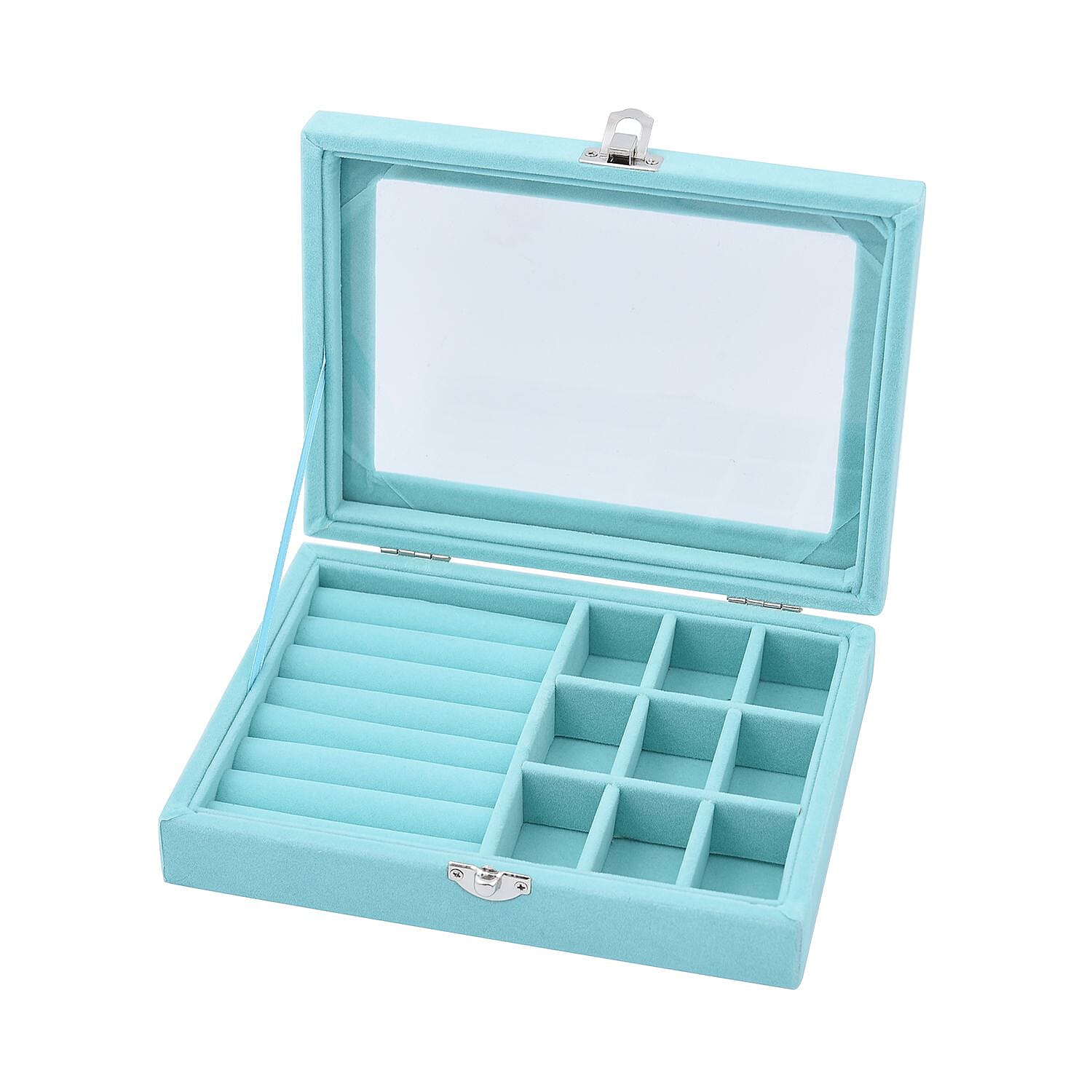 Velvet Jewellery Box- Ring - 9 Sections Box, Glass Window with Steel Colour Lock (Size 20x15x4 cm) - Sky Blue