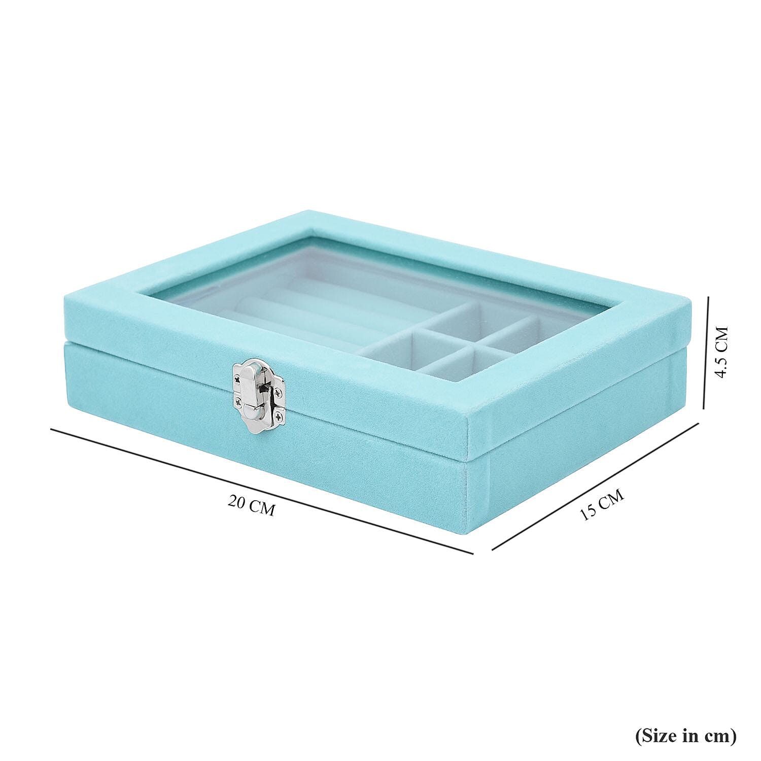 Velvet Jewellery Box- Ring - 9 Sections Box, Glass Window with Steel Colour Lock (Size 20x15x4 cm) - Sky Blue