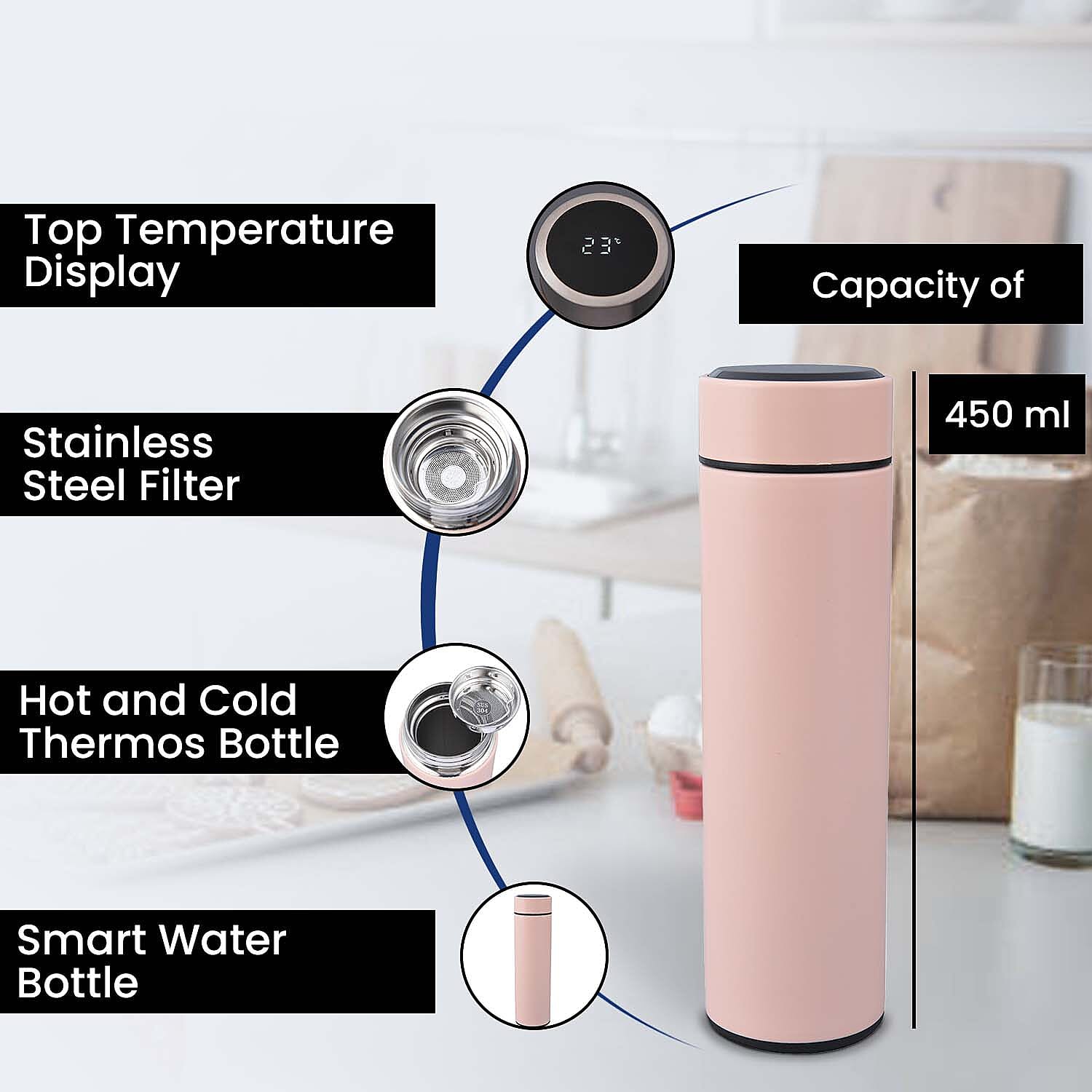 Hot & Cold Flask with Top Temperature Display (450 ML) - Pink
