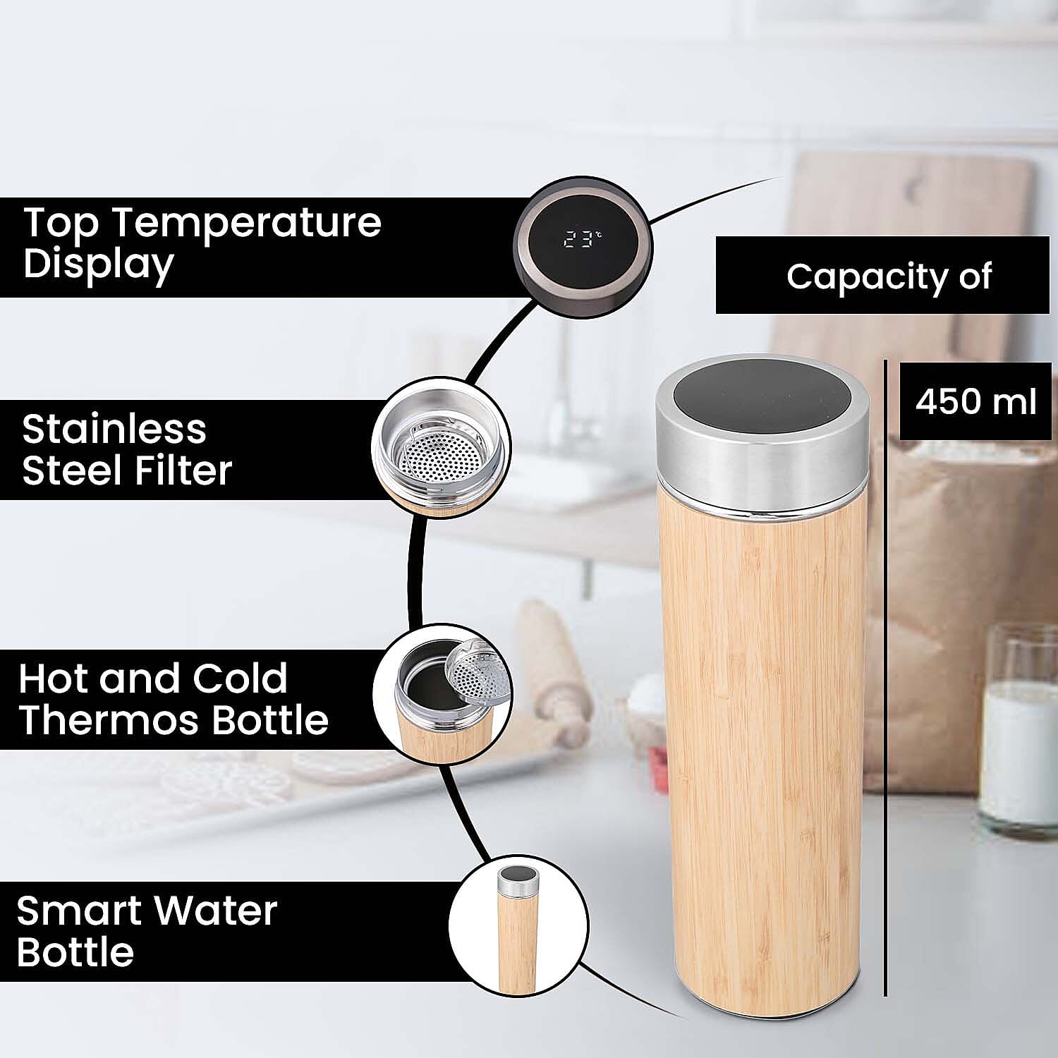 Hot & Cold Flask with Top Temperature Display (400 ML) - Wood