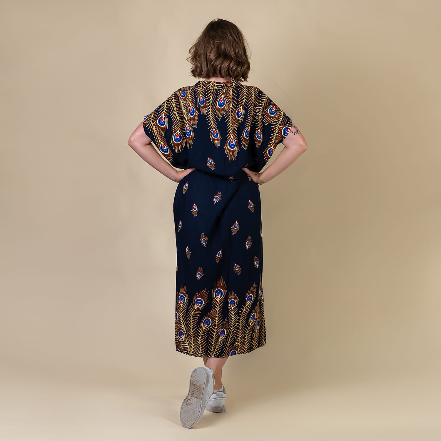 TAMSY 100% Viscose Womens Peacock Pattern Dress (Size-8-22 ) - Navy