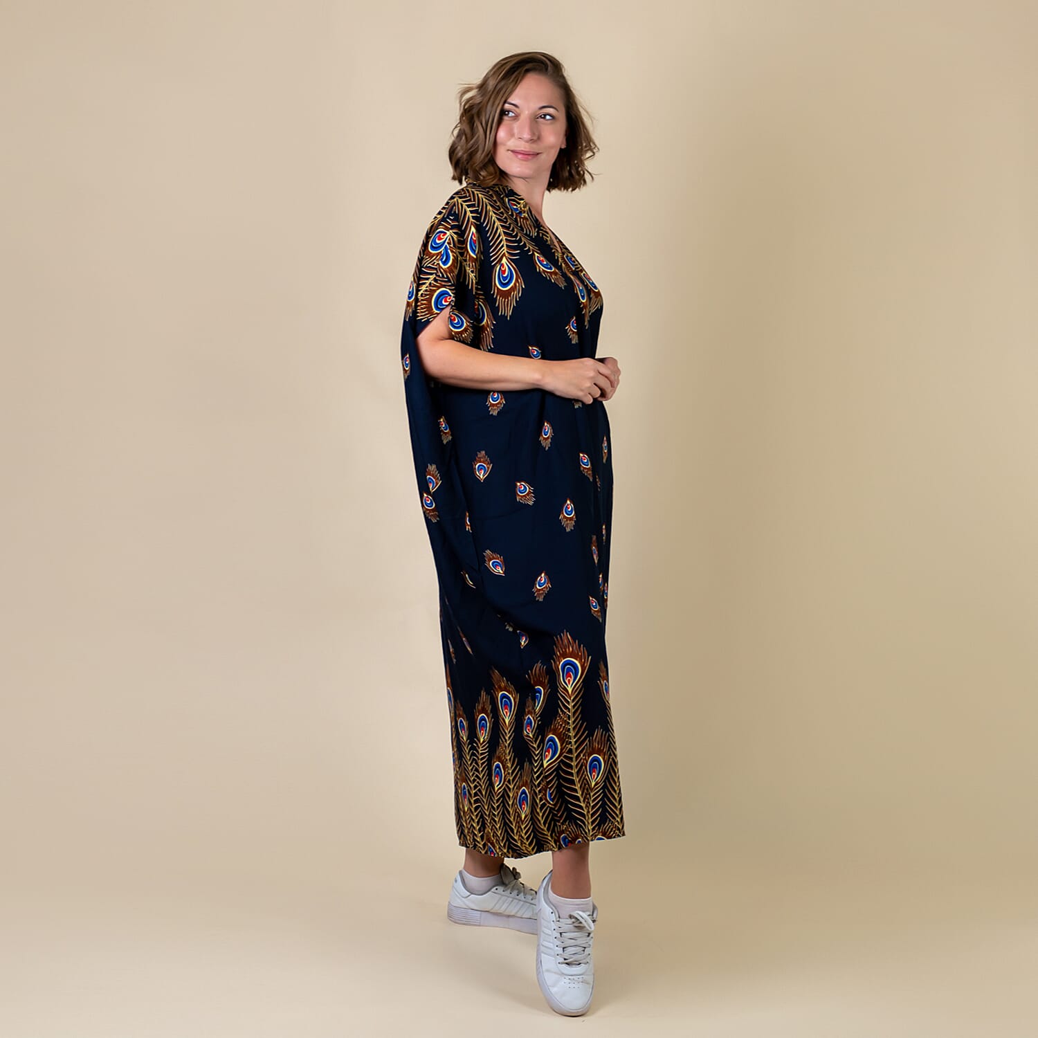TAMSY 100% Viscose Womens Peacock Pattern Dress (Size-8-22 ) - Navy