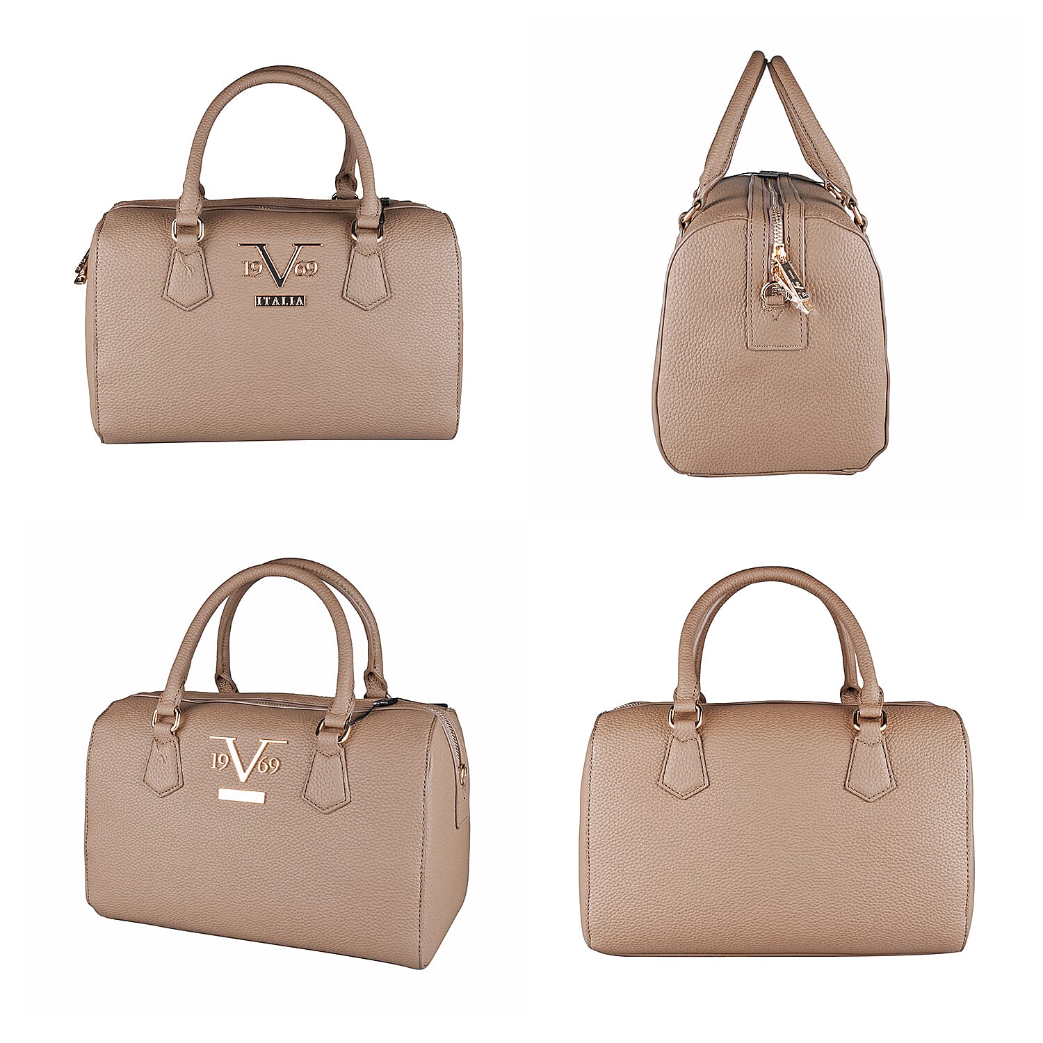 19V69 ITALIA by Alessandro Versace Litchi Pattern Tote Bag with Detachable Shoulder Strap and Zipper Closure (Size 29x15x18 Cm) - Dark Beige