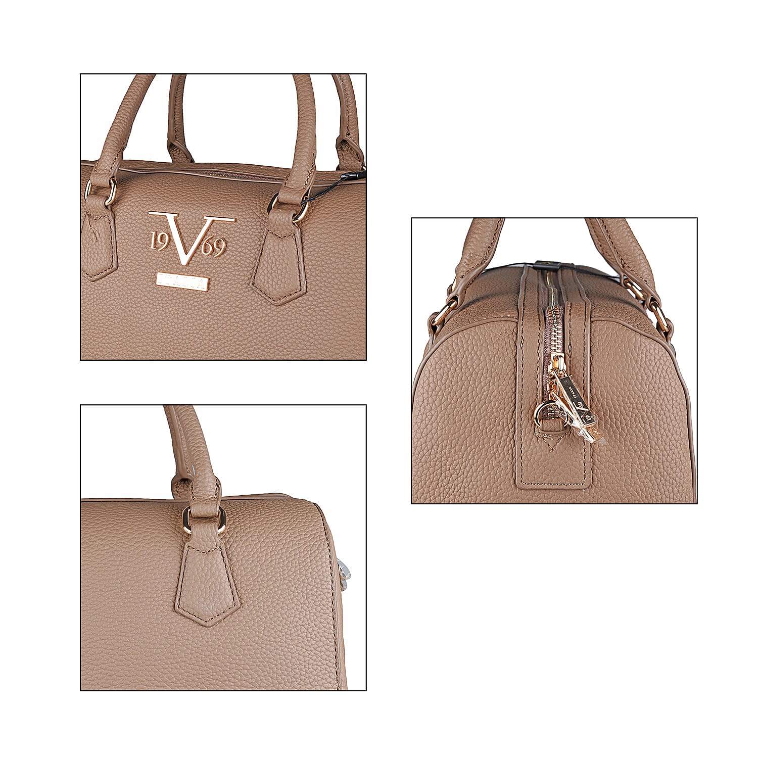 19V69 ITALIA by Alessandro Versace Litchi Pattern Tote Bag with Detachable Shoulder Strap and Zipper Closure (Size 29x15x18 Cm) - Dark Beige
