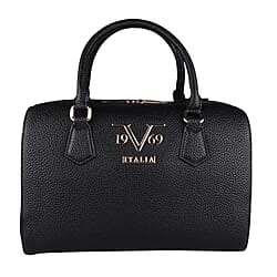 19V69 ITALIA by Alessandro Versace Litchi Pattern Bowling Bag with Detachable Shoulder Strap and Zipper Closure (Size 29x15x18Cm) - Black