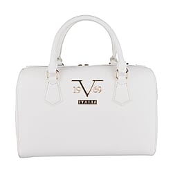 19V69 ITALIA by Alessandro Versace Litchi Pattern Bowling Bag with Detachable Shoulder Strap and Zipper Closure (Size 29x15x18 Cm) - White