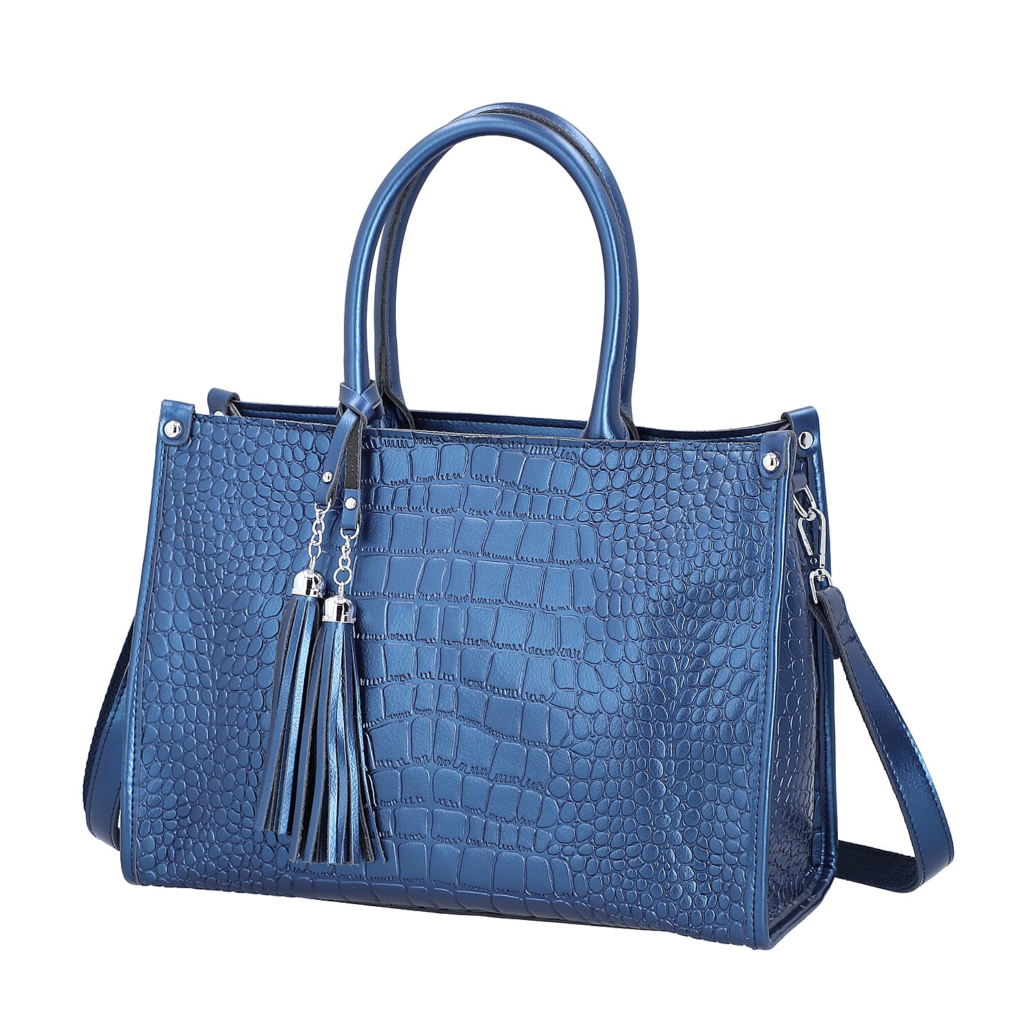 100% Genuine Leather Crocodile Pattern Convertible Bag with Tassels and Shoulder Strap (Size 34x25x14 Cm) - Navy