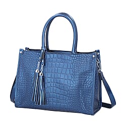 Genuine Leather Crocodie Pattern Covertible Bag with Tassels and Shoulder Strap - Navy