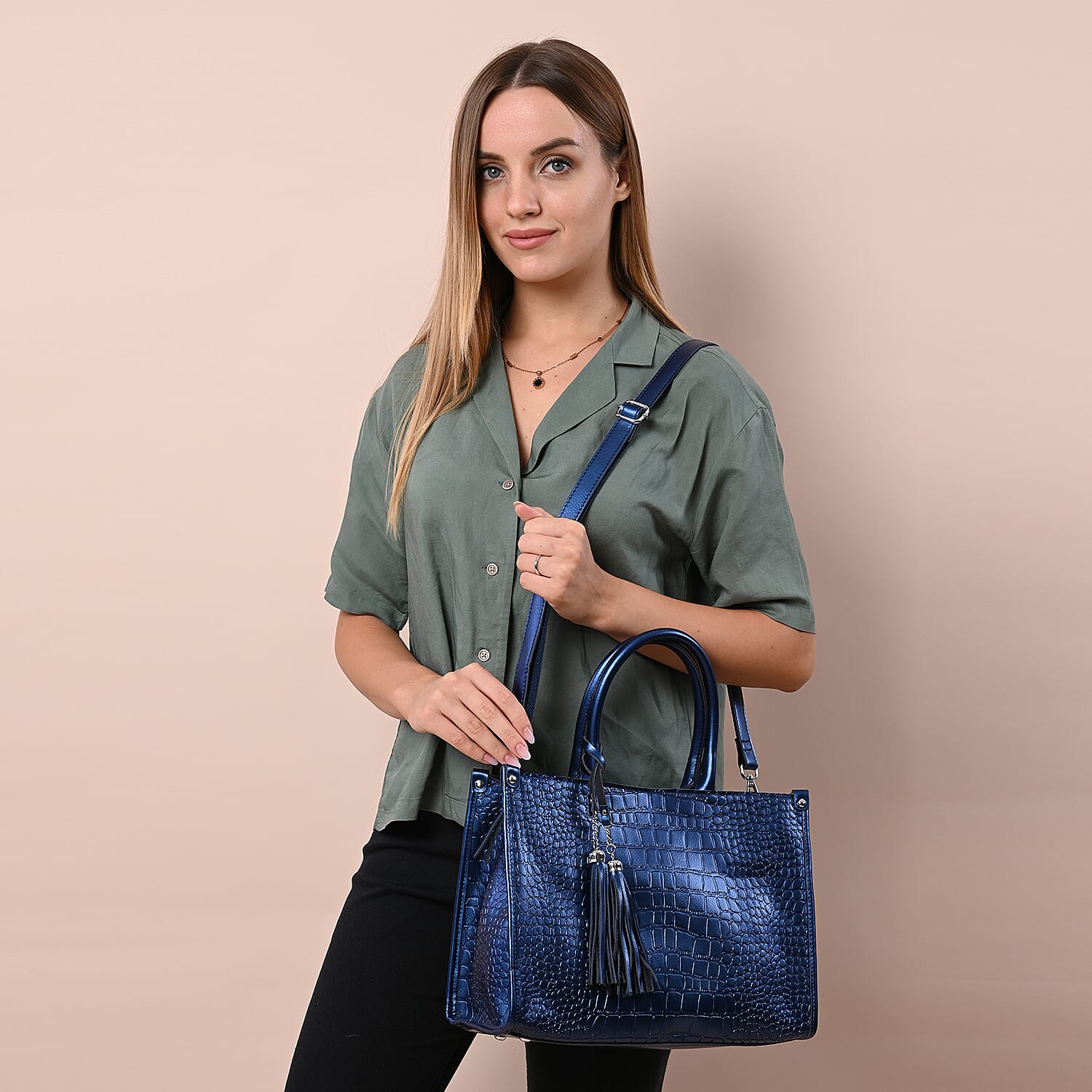 100% Genuine Leather Crocodile Pattern Convertible Bag with Tassels and Shoulder Strap (Size 34x25x14 Cm) - Navy