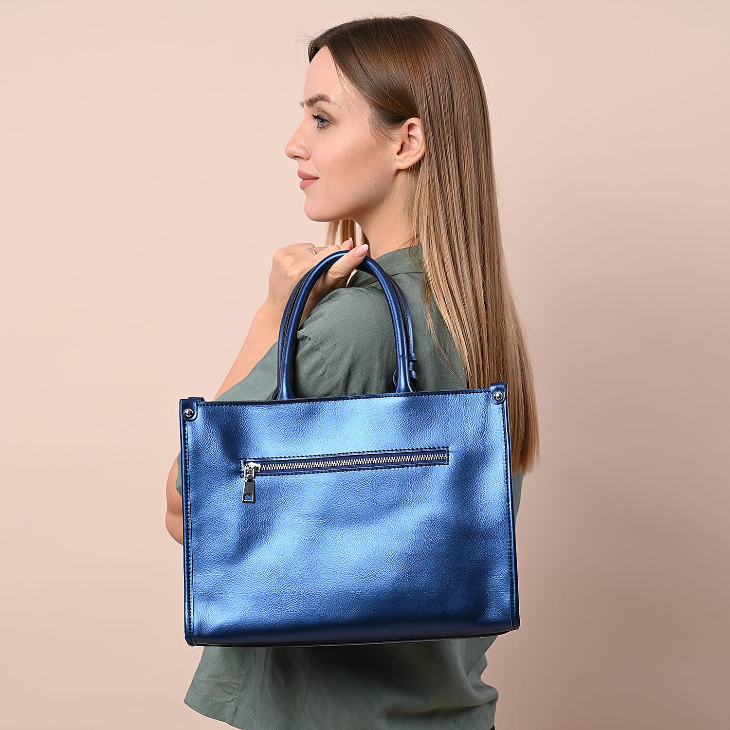 100% Genuine Leather Crocodile Pattern Convertible Bag with Tassels and Shoulder Strap (Size 34x25x14 Cm) - Navy