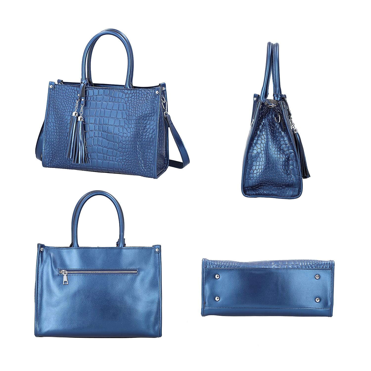 100% Genuine Leather Crocodile Pattern Convertible Bag with Tassels and Shoulder Strap (Size 34x25x14 Cm) - Navy