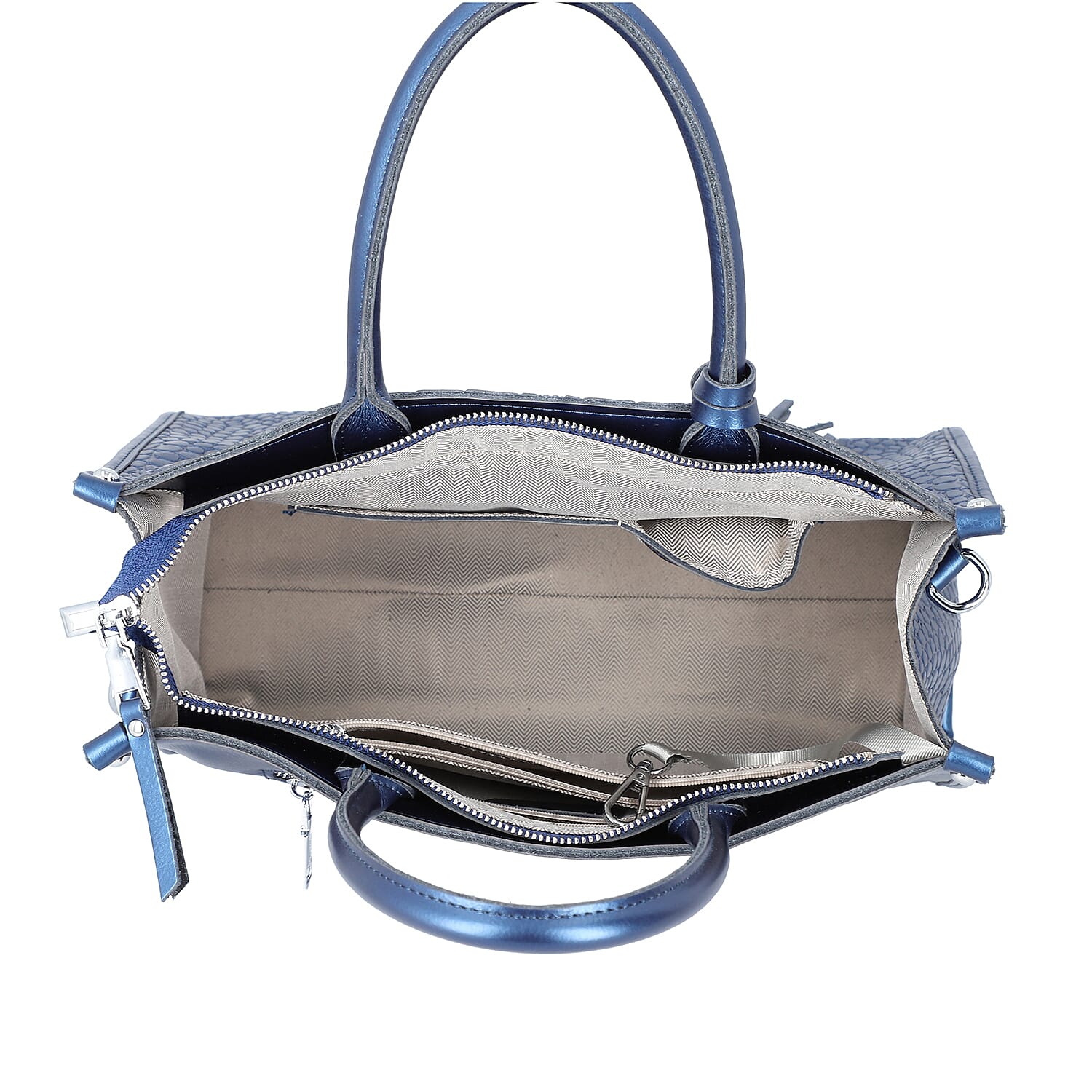 100% Genuine Leather Crocodile Pattern Convertible Bag with Tassels and Shoulder Strap (Size 34x25x14 Cm) - Navy