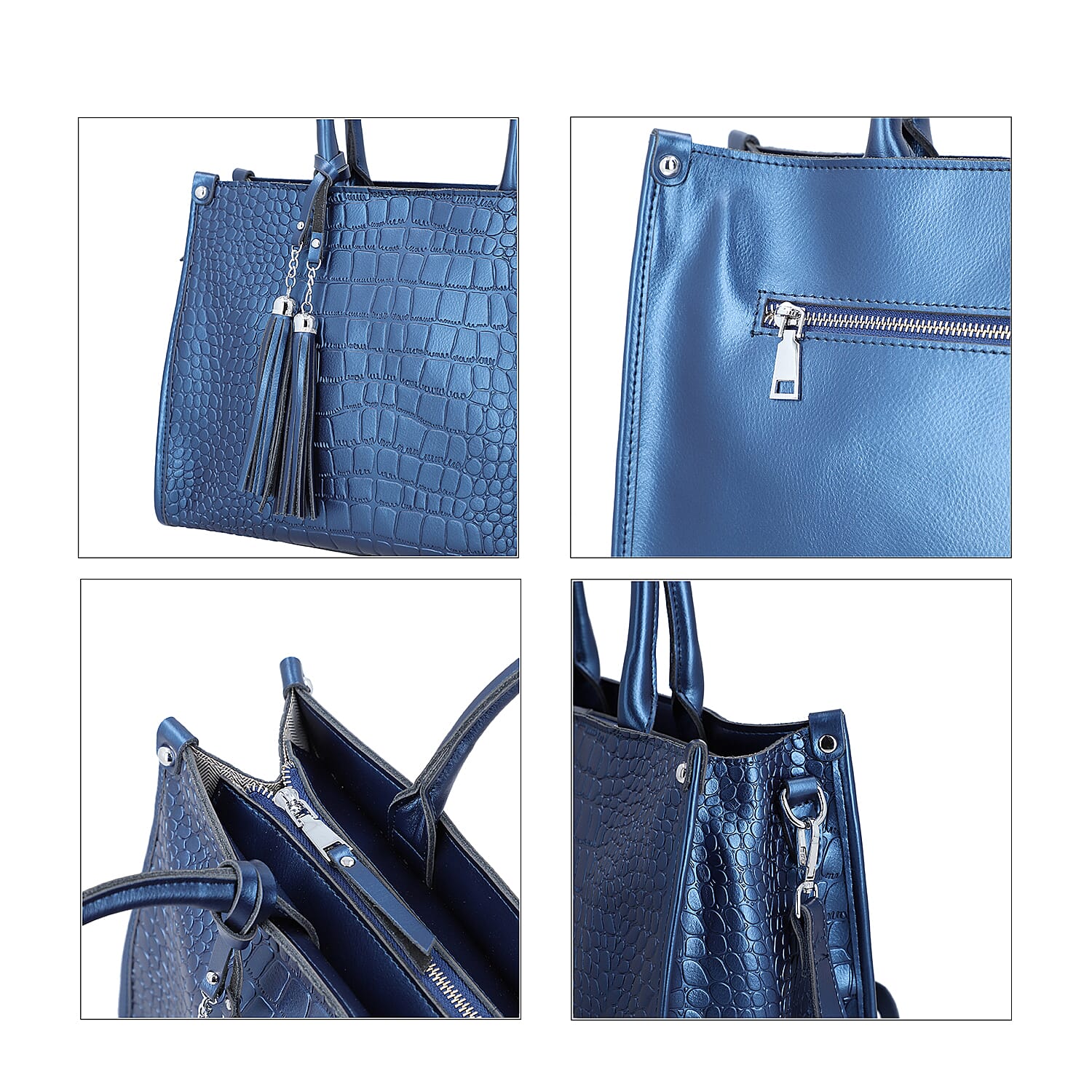100% Genuine Leather Crocodile Pattern Convertible Bag with Tassels and Shoulder Strap (Size 34x25x14 Cm) - Navy