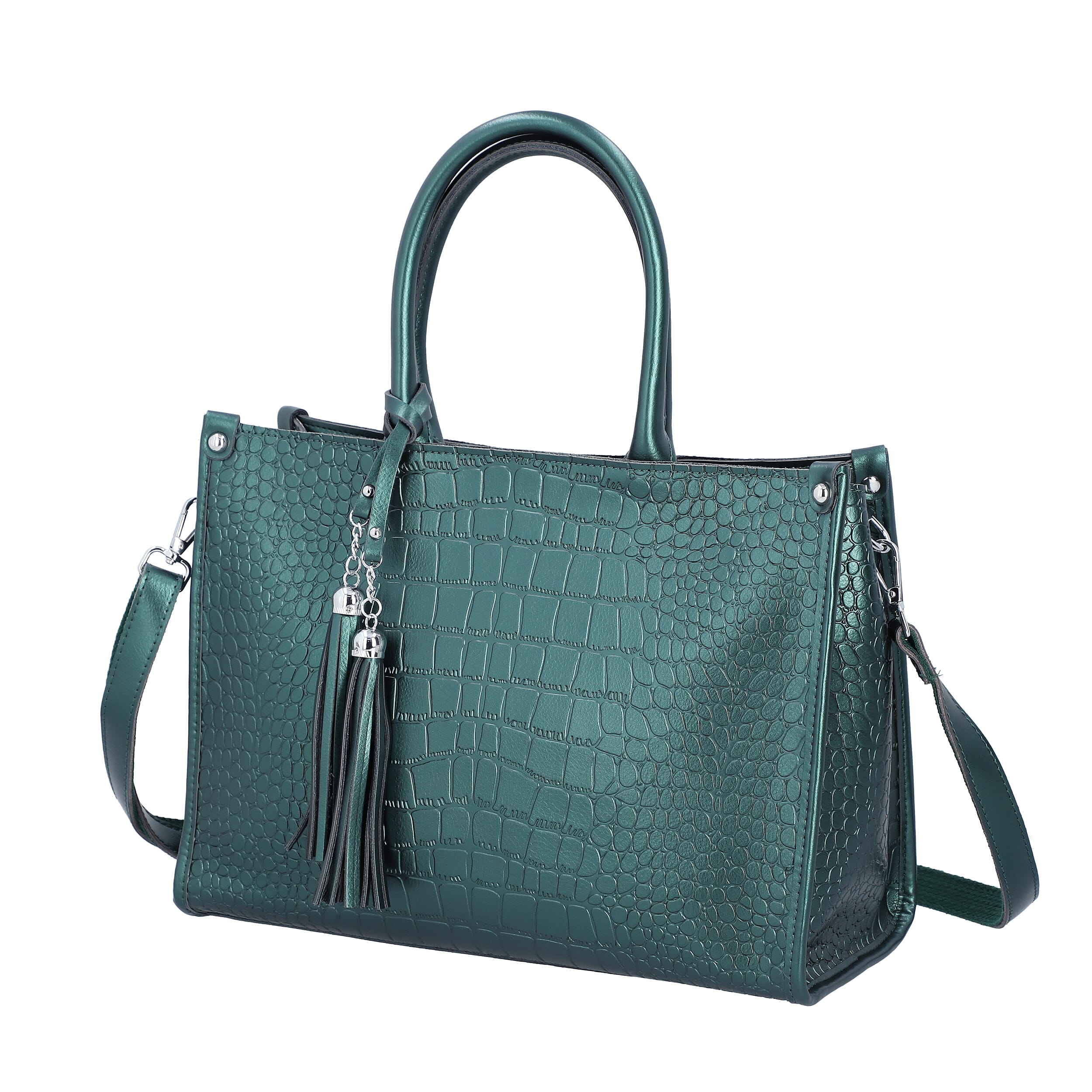 100% Genuine Leather Crocodile Pattern Covertible Bag with Tassels and Shoulder Strap (Size 34x25x14 Cm) - Olive Green