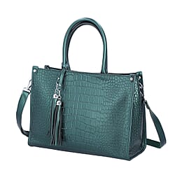 Genuine Leather Crocodie Pattern Covertible Bag with Tassels and Shoulder Strap - Navy