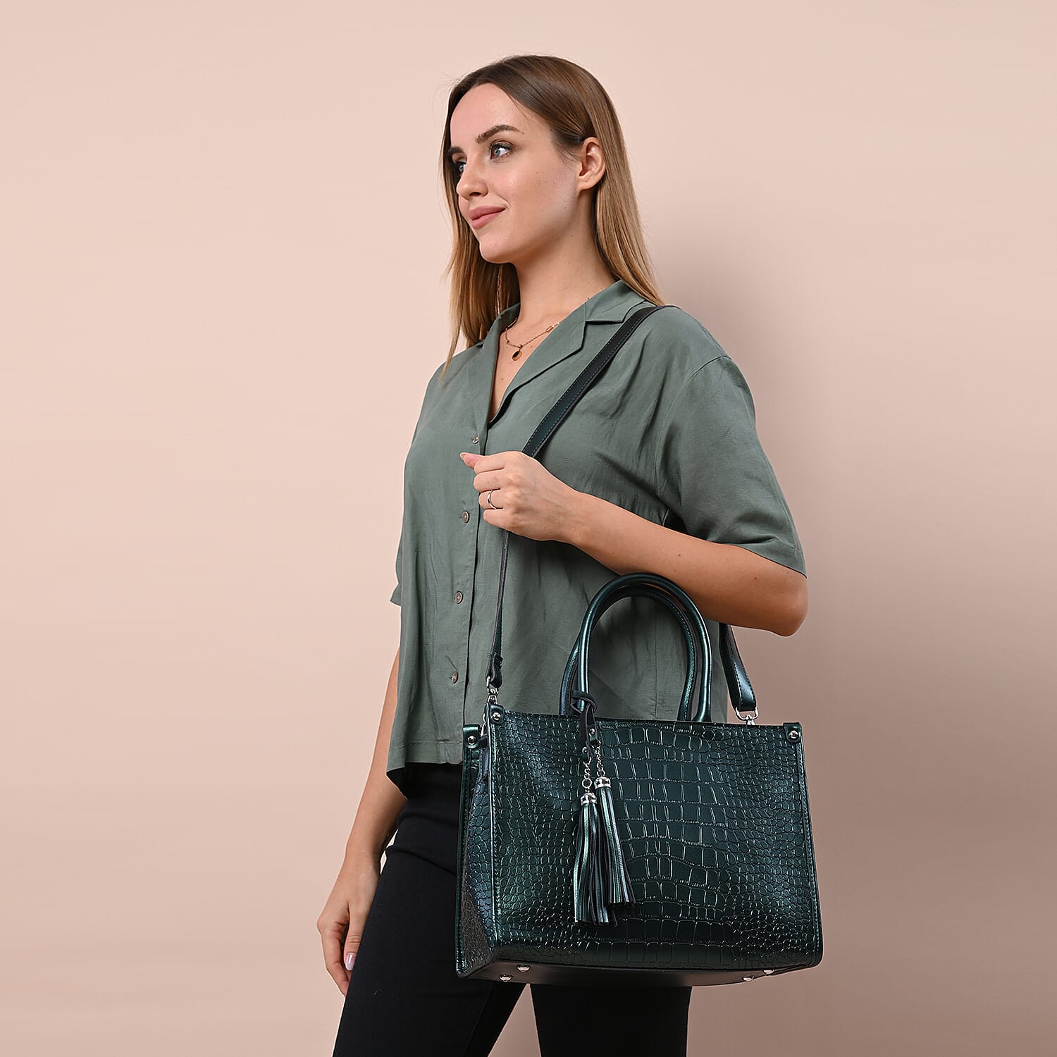 100% Genuine Leather Crocodile Pattern Covertible Bag with Tassels and Shoulder Strap (Size 34x25x14 Cm) - Olive Green