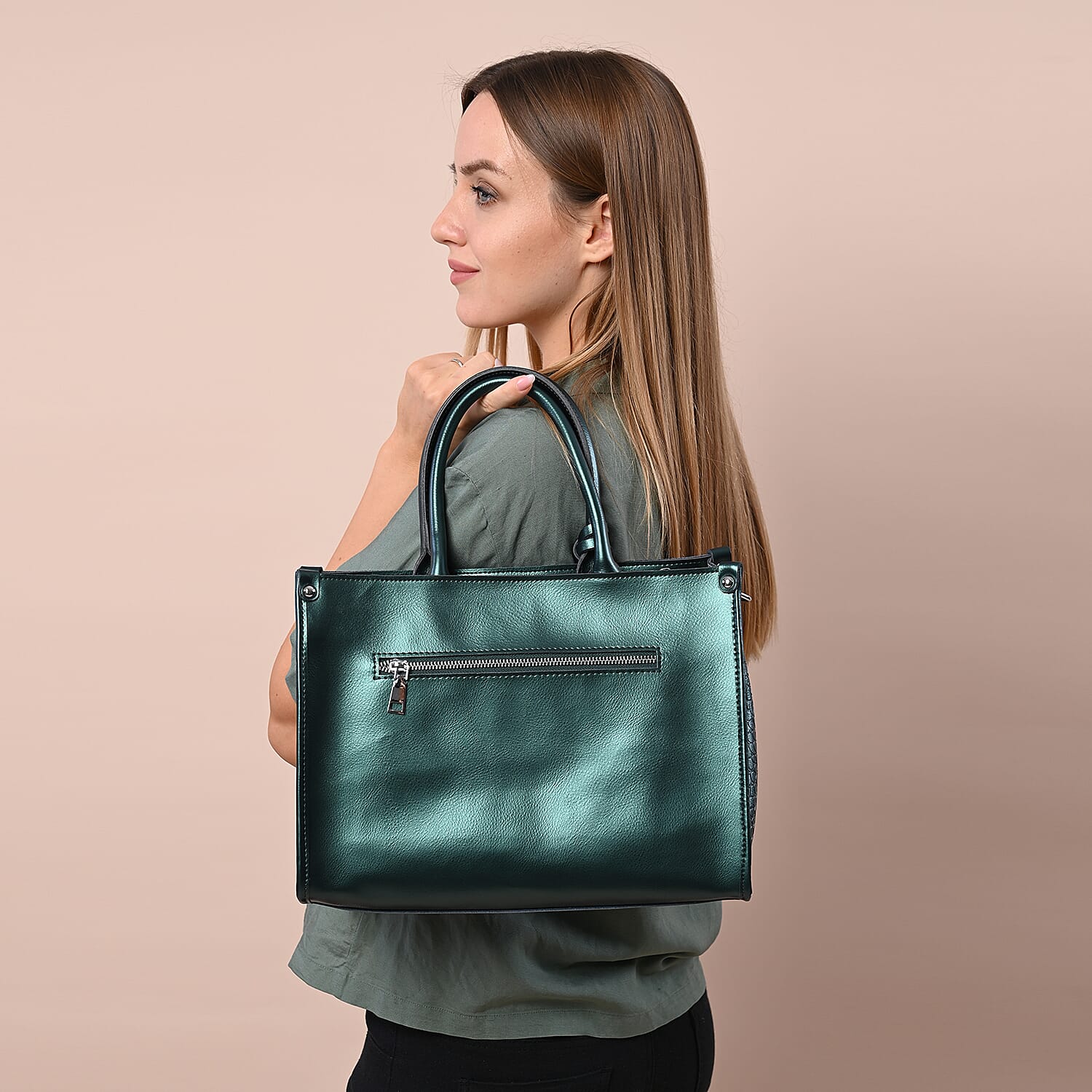 100% Genuine Leather Crocodile Pattern Covertible Bag with Tassels and Shoulder Strap (Size 34x25x14 Cm) - Olive Green