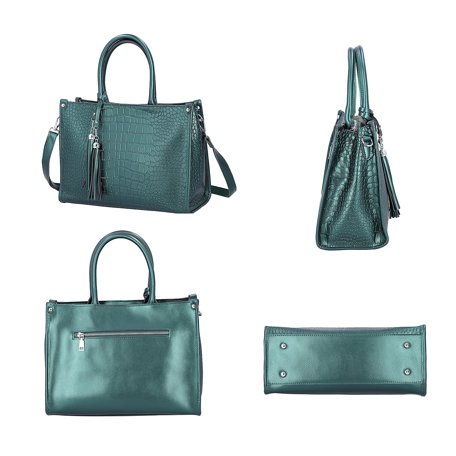 100% Genuine Leather Crocodile Pattern Covertible Bag with Tassels and Shoulder Strap (Size 34x25x14 Cm) - Olive Green