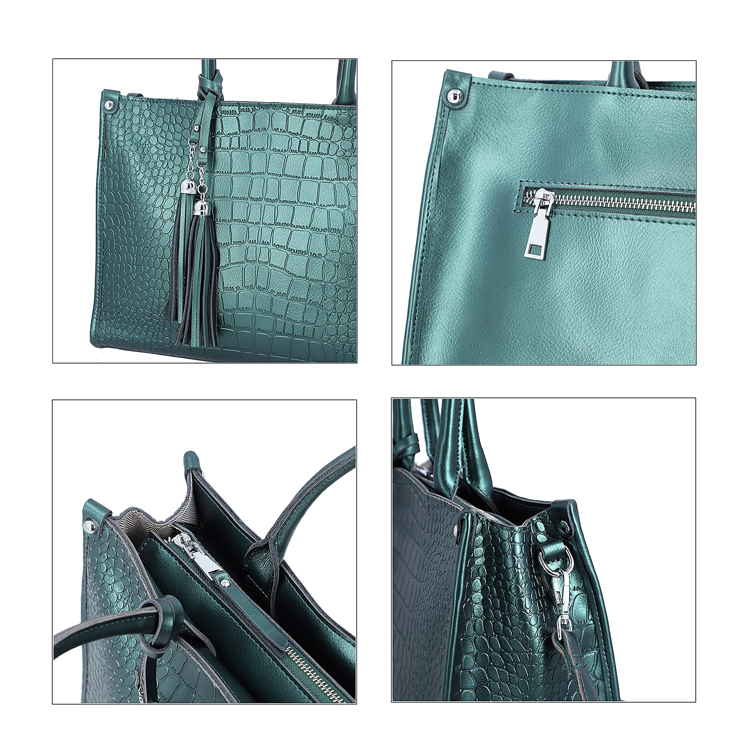100% Genuine Leather Crocodile Pattern Covertible Bag with Tassels and Shoulder Strap (Size 34x25x14 Cm) - Olive Green