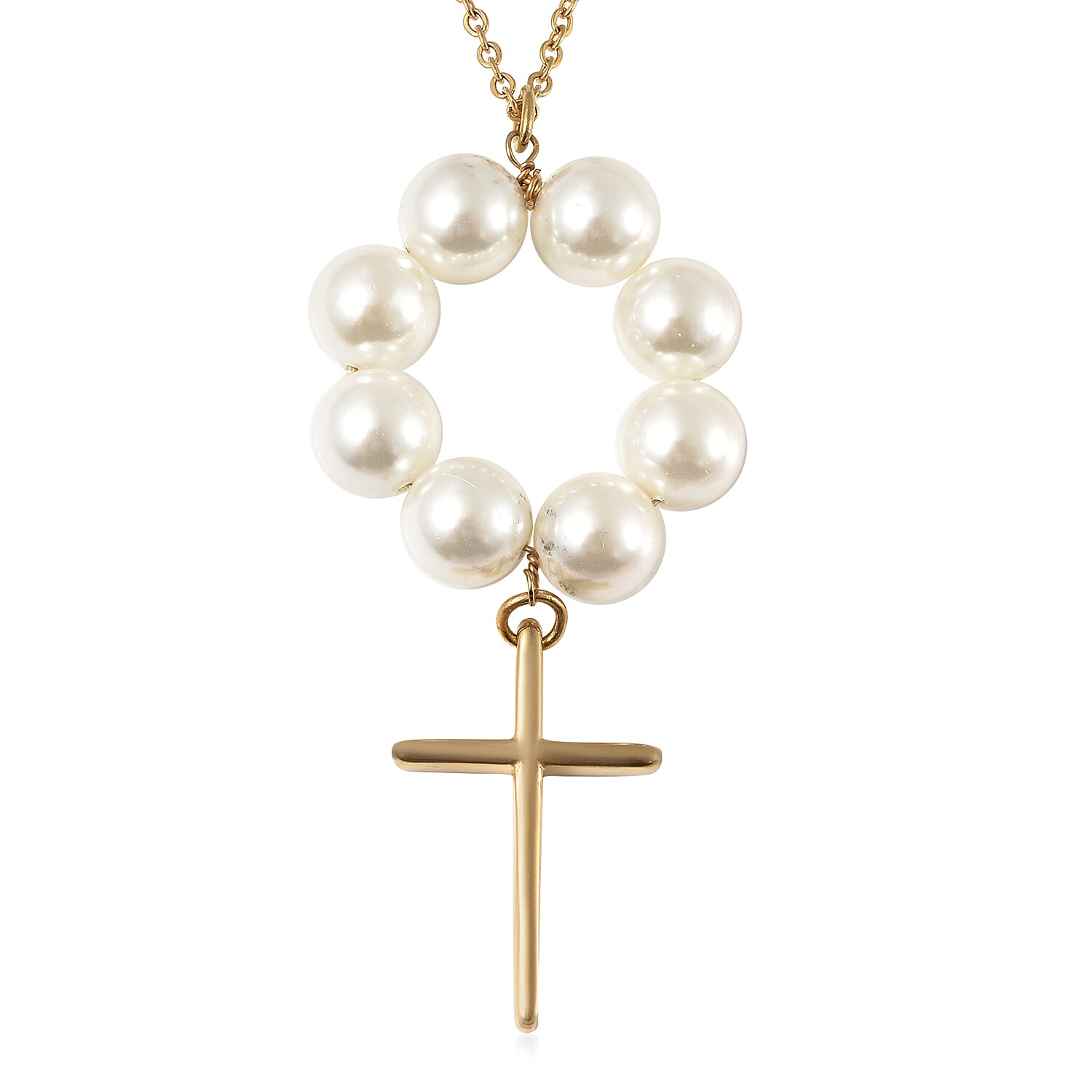 White Shell Pearl Cross Necklace ( Size 24) in Yellow Gold Tone