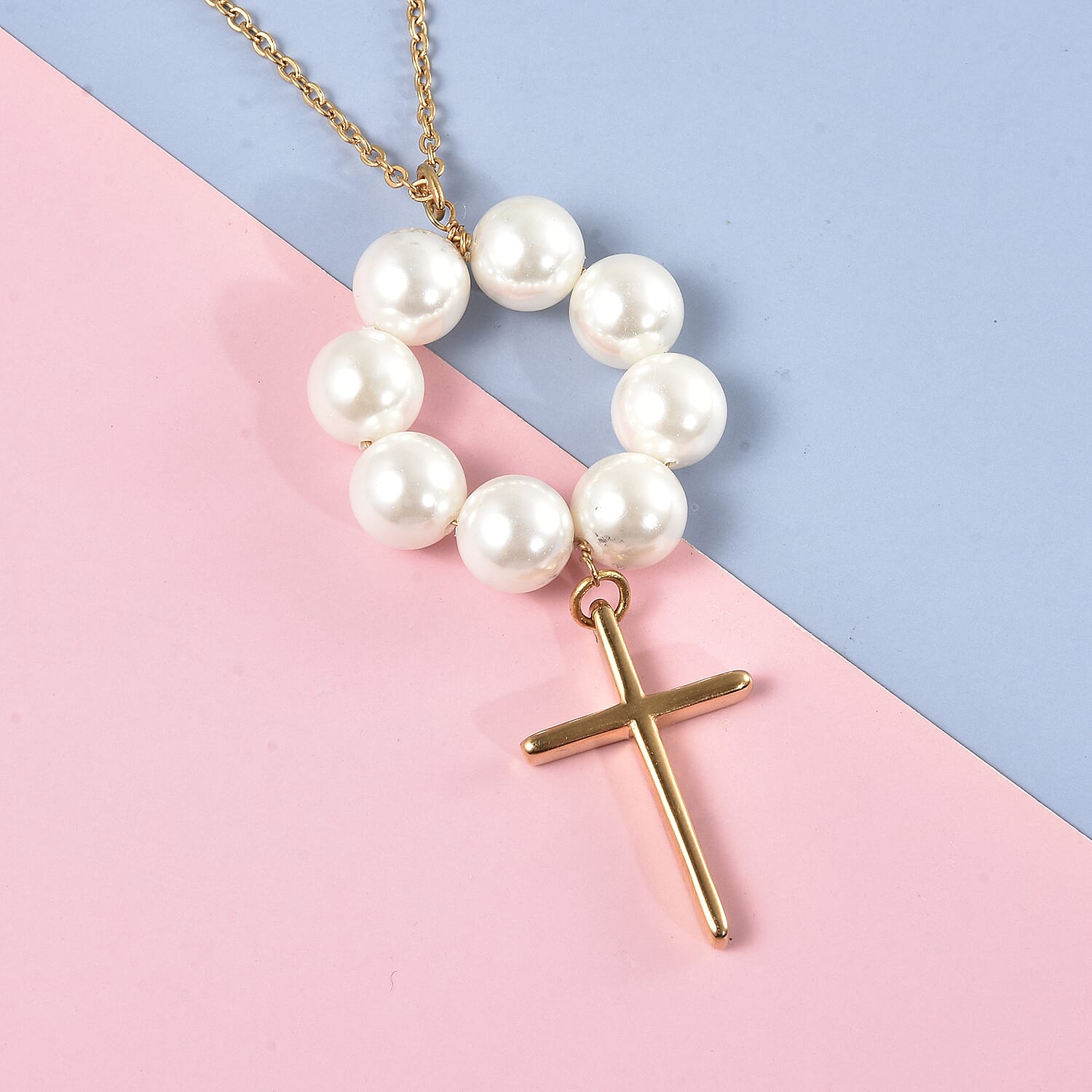 White Shell Pearl Cross Necklace ( Size 24) in Yellow Gold Tone