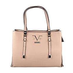 19V69 ITALIA by Alessandro Versace Litchi Pattern Handbag with Detachable Shoulder Strap and Zipper Closure (Size 33x11x22 Cm) - Dark Beige
