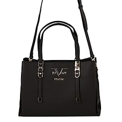 19V69 ITALIA by Alessandro Versace Litchi Pattern Handbag with Detachable Shoulder Strap and Zipper Closure (Size 33x11x22 Cm) - Black