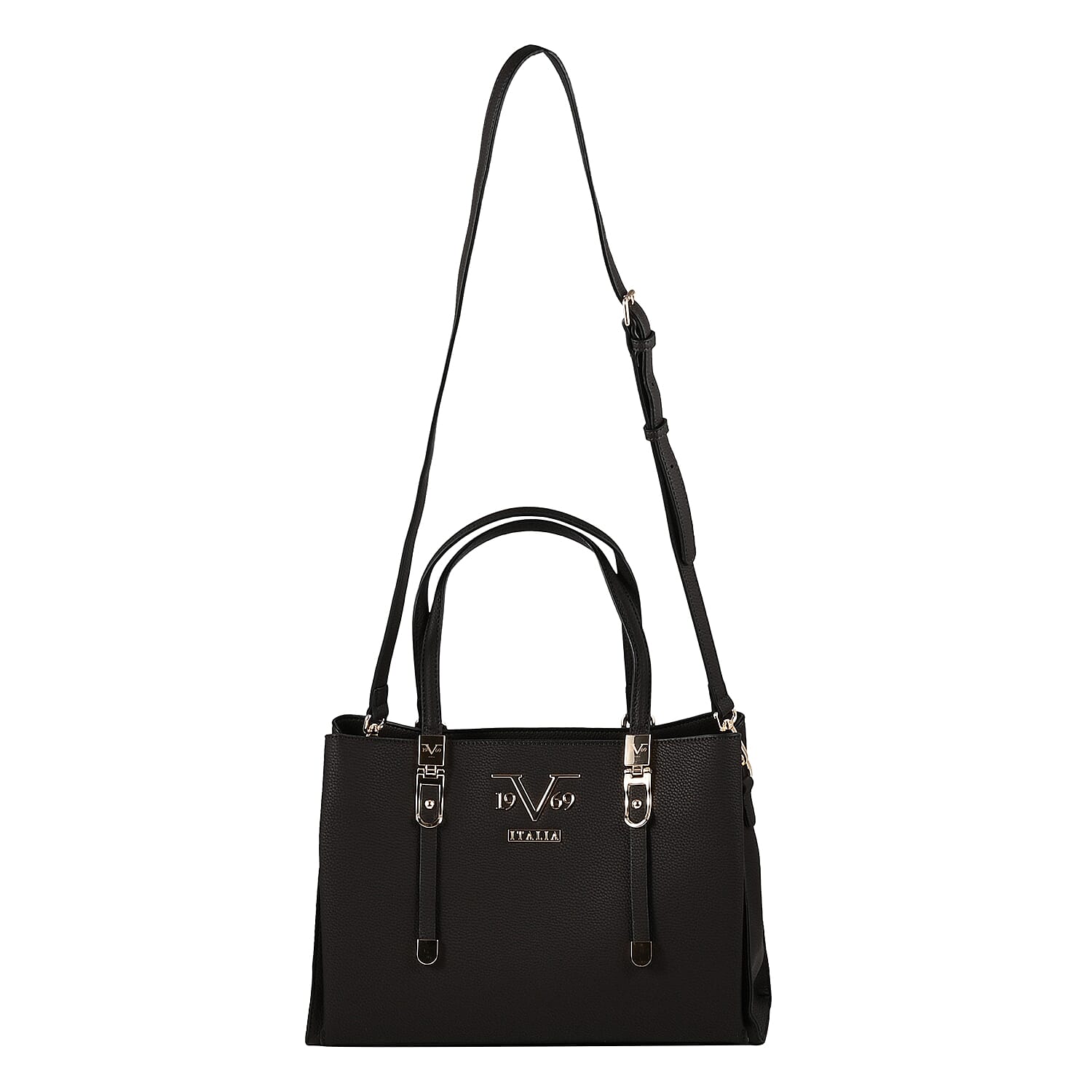 19V69 ITALIA by Alessandro Versace Litchi Pattern Handbag with Detachable Shoulder Strap and Zipper Closure (Size 33x11x22 Cm) - Black