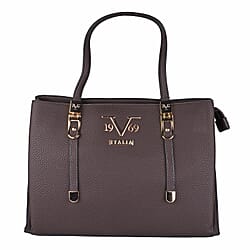 19V69 ITALIA by Alessandro Versace Litchi Pattern Handbag with Detachable Shoulder Strap and Zipper Closure (Size 30x15x22 Cm) - Brown
