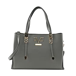 19V69 ITALIA by Alessandro Versace Litchi Pattern Handbag with Detachable Shoulder Strap and Zipper Closure (Size 33x11x22 Cm) - Grey