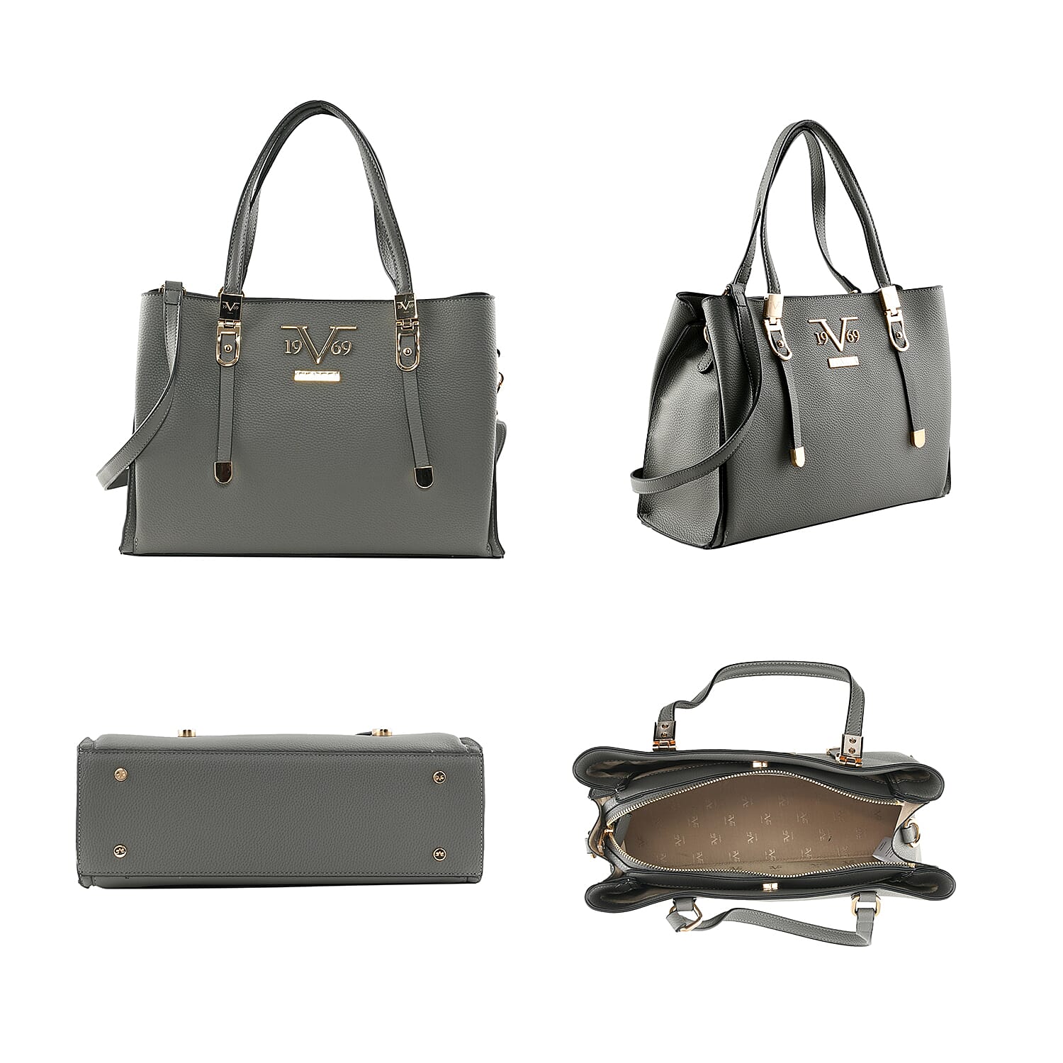 19V69 ITALIA by Alessandro Versace Litchi Pattern Handbag with Detachable Shoulder Strap and Zipper Closure (Size 33x11x22 Cm) - Grey