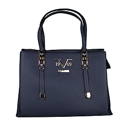 19V69 ITALIA by Alessandro Versace Litchi Pattern Handbag with Detachable Shoulder Strap and Zipper Closure (Size 33x11x22 Cm) - Navy