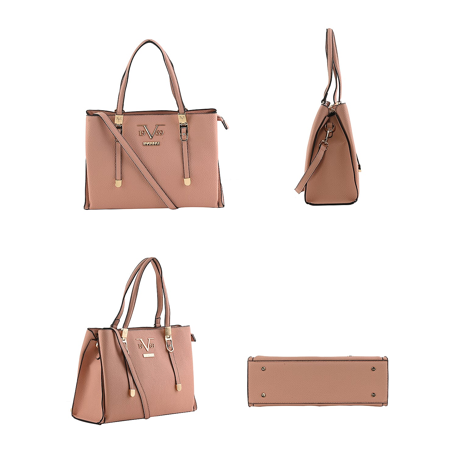 19V69 ITALIA by Alessandro Versace Litchi Pattern Handbag with Detachable Shoulder Strap and Zipper Closure (Size 33x11x22 Cm) - Pink