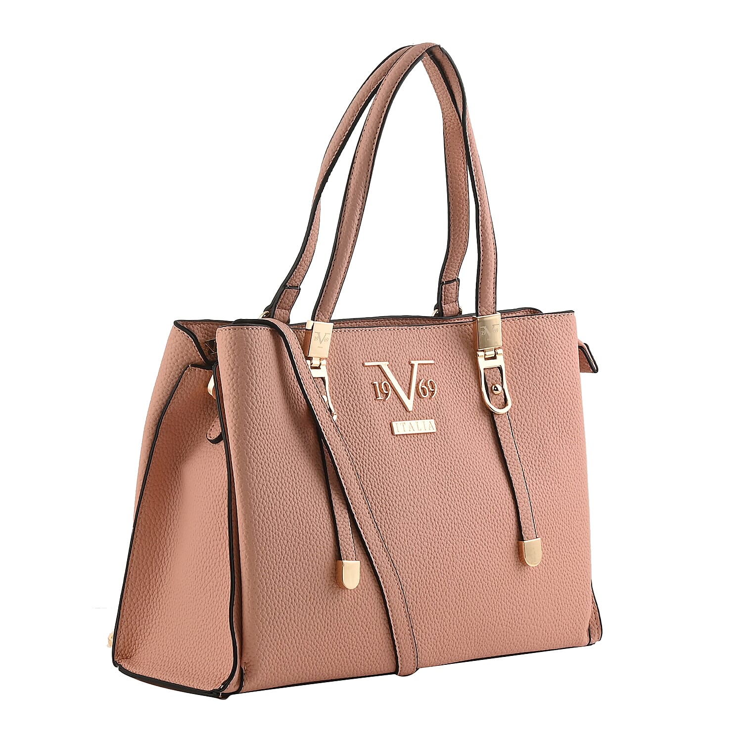 19V69 ITALIA by Alessandro Versace Litchi Pattern Handbag with Detachable Shoulder Strap and Zipper Closure (Size 33x11x22 Cm) - Pink