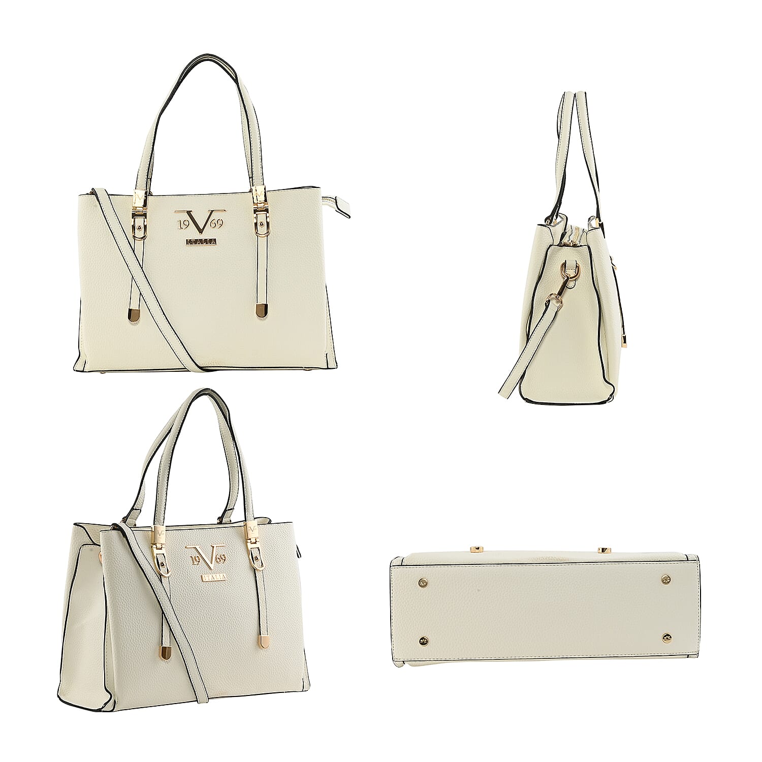 19V69 ITALIA by Alessandro Versace Litchi Pattern Handbag with Detachable Shoulder Strap and Zipper Closure (Size 33x11x22 Cm) - White