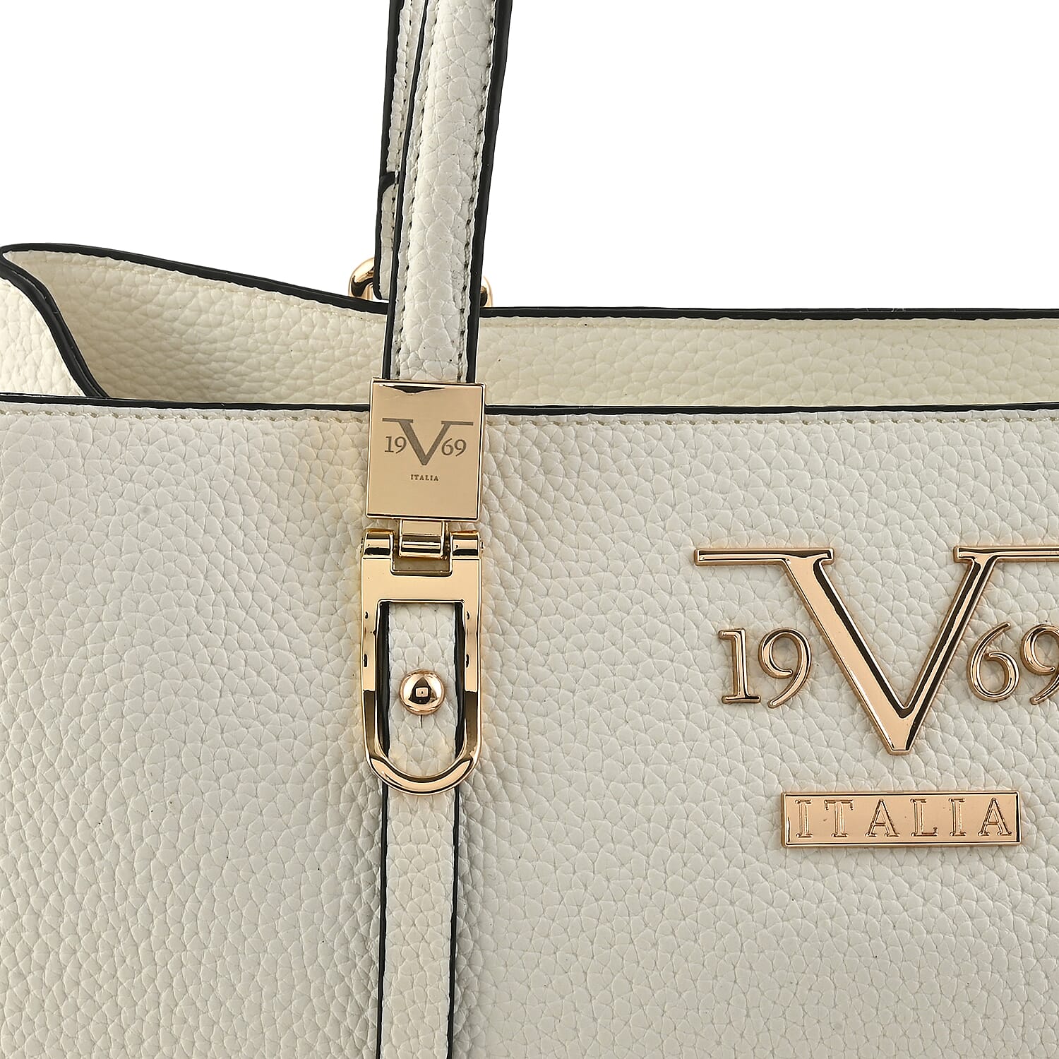 19V69 ITALIA by Alessandro Versace Litchi Pattern Handbag with Detachable Shoulder Strap and Zipper Closure (Size 33x11x22 Cm) - White