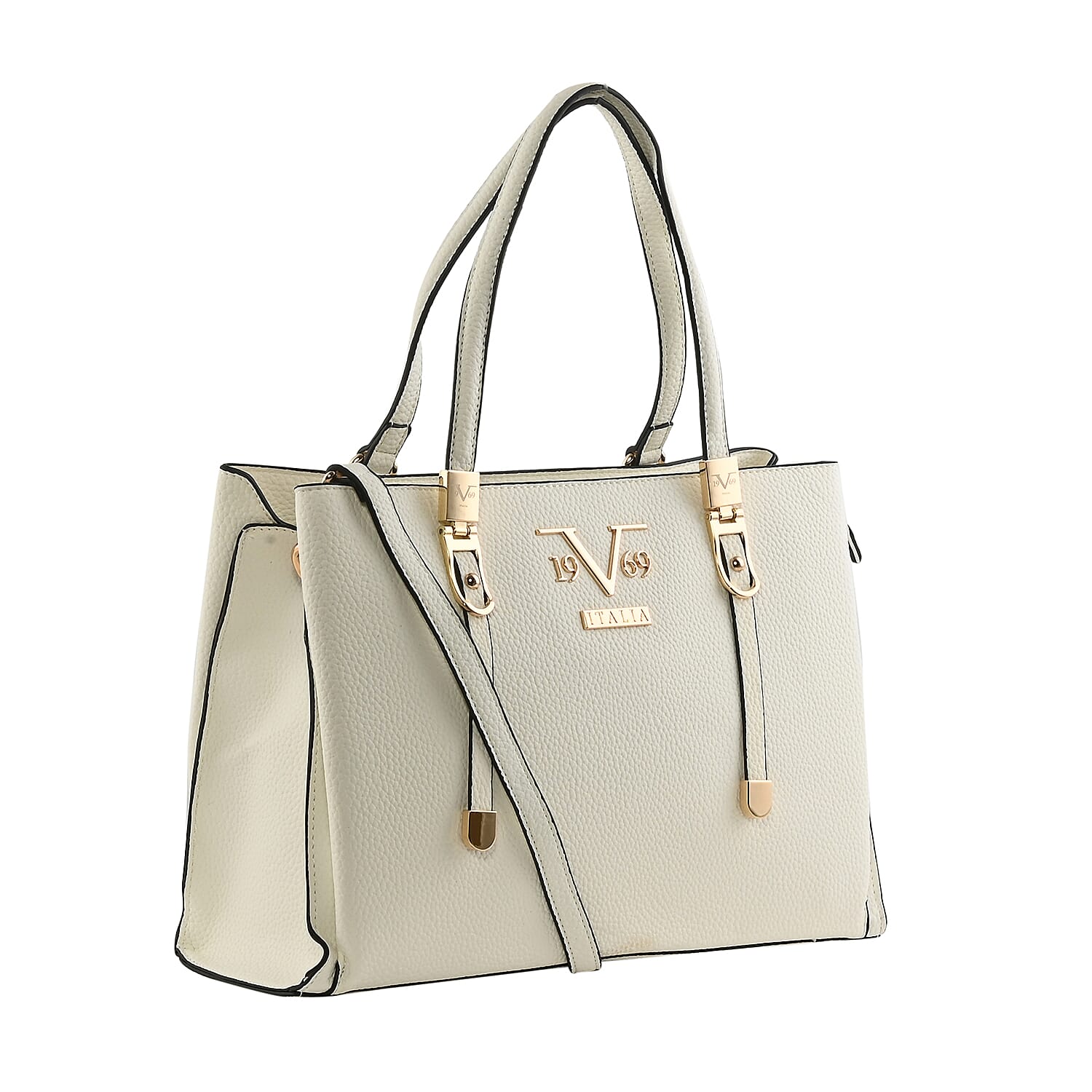 19V69 ITALIA by Alessandro Versace Litchi Pattern Handbag with Detachable Shoulder Strap and Zipper Closure (Size 33x11x22 Cm) - White